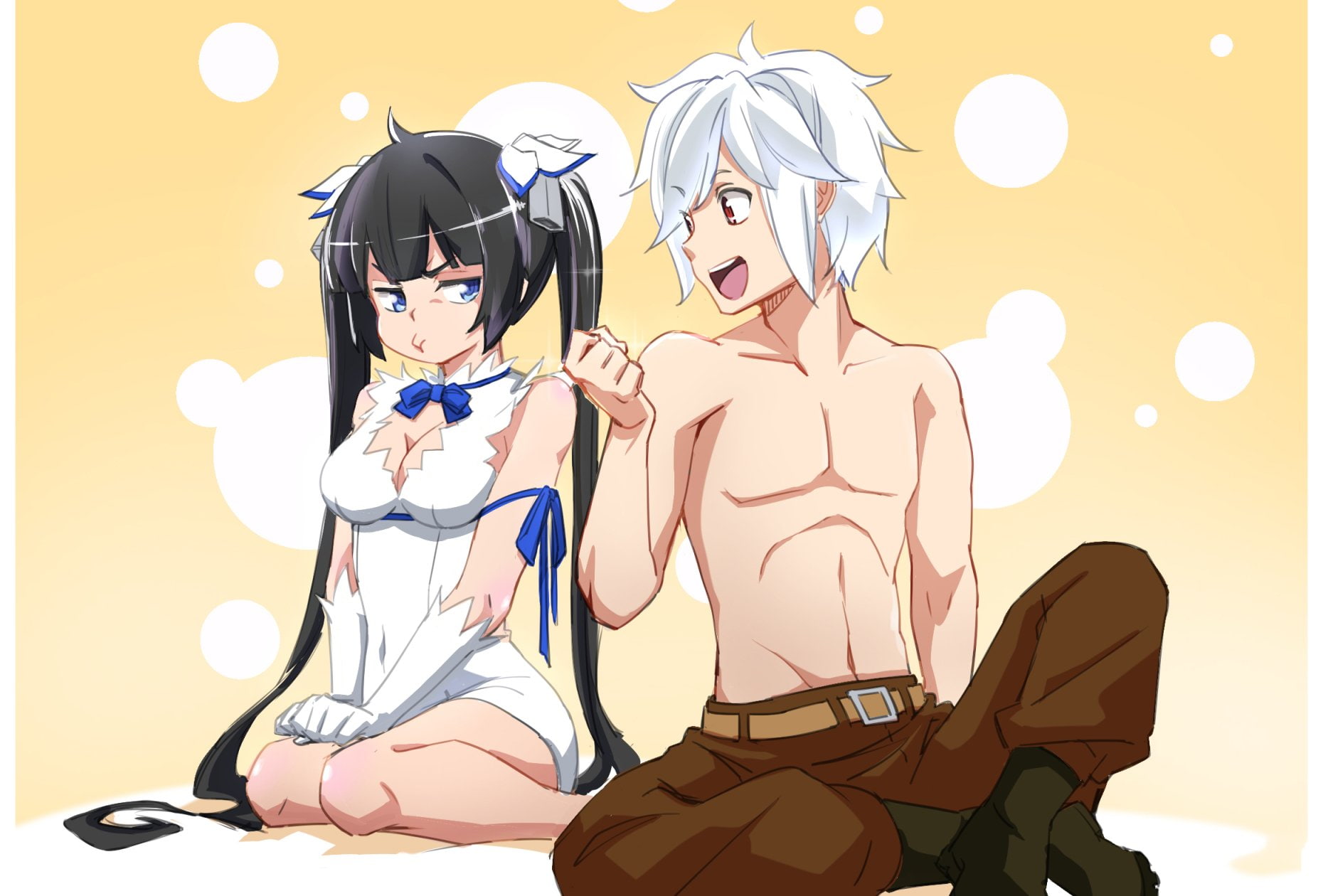 720P, sitting, Anime, adult, togetherness, Dungeon ni Deai wo Motomeru no wa Machigatteiru Darou ka, couple - relationship, Is It Wrong to Try to Pick Up Girls in a Dungeon?, HD Wallpaper