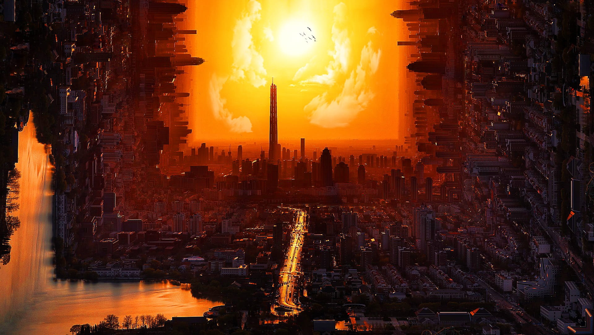 panoramic, sunlight, sky, cityscape, building exterior, sun, orange color, tower, built structure, inception, 1080P, outdoors, skyscraper, architecture, HD Wallpaper