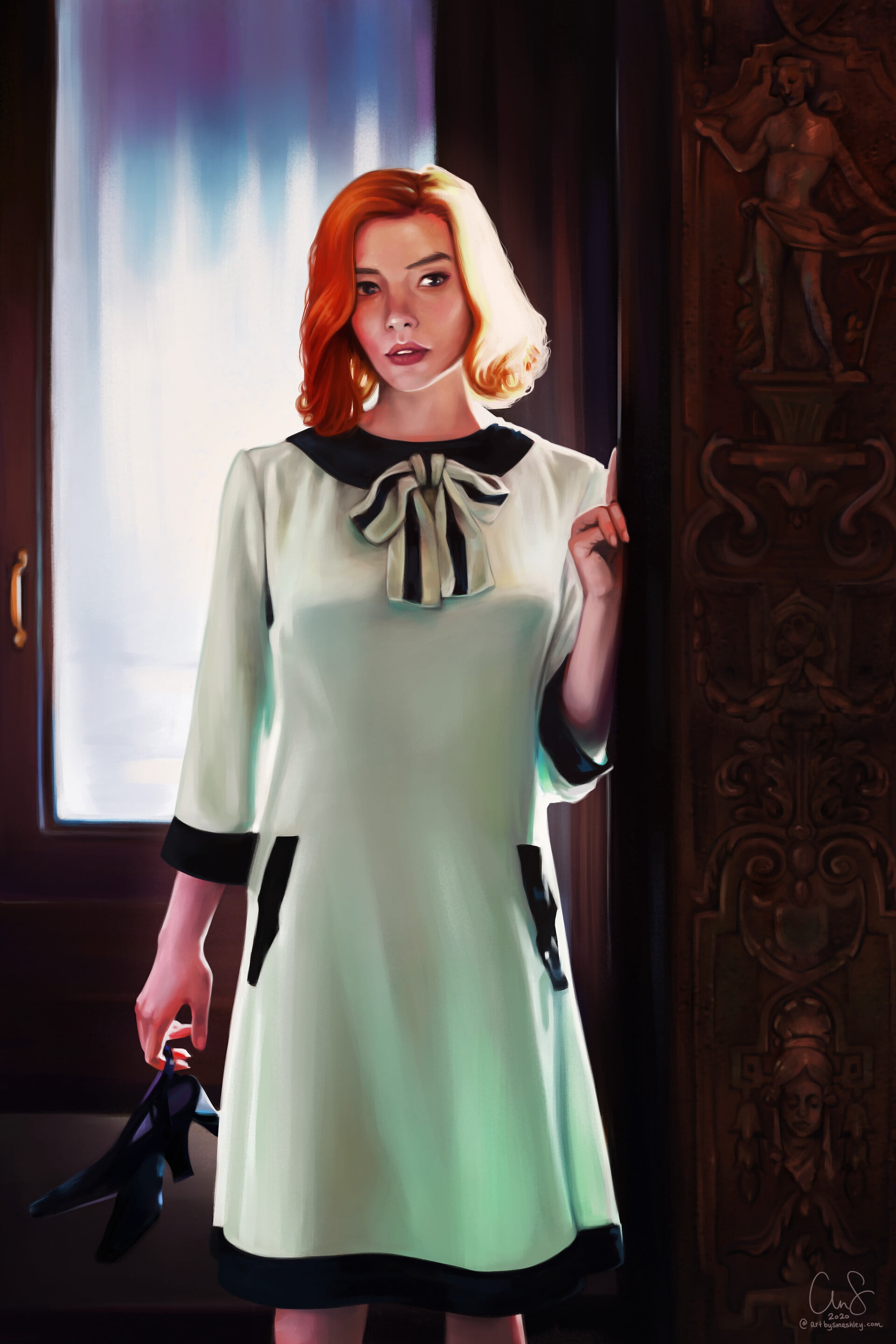 digital art, portrait display, women, Beth Harmon, open mouth, The Queens Gambit, young woman, Ashley Simeone, redhead, Anya Taylor-Joy, fan art, ArtStation, Phone HD Wallpaper
