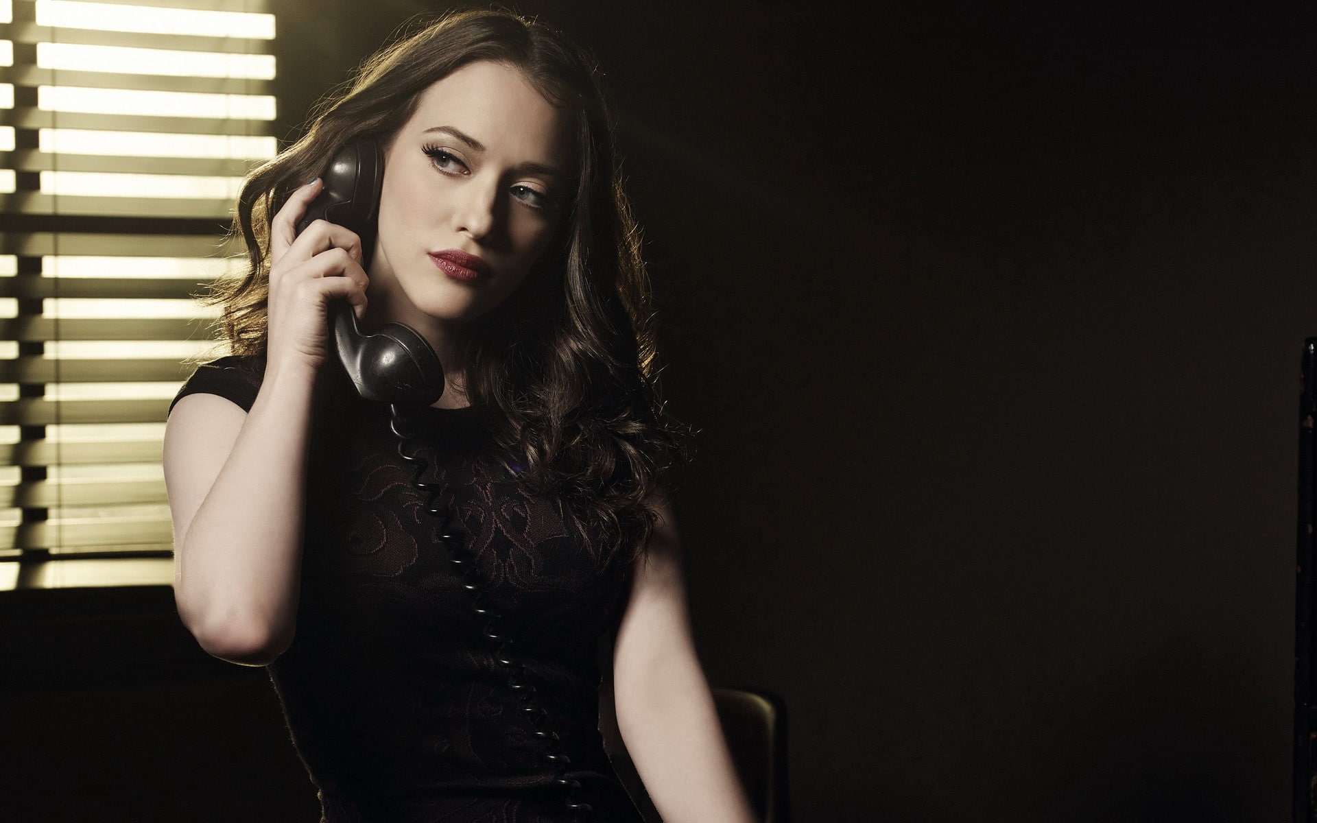indoors, young women, contemplation, black color, woman in black, adult, teenager, young adult, wavy hair, dress, red lipstick, long hair, portrait, black background, HD Wallpaper
