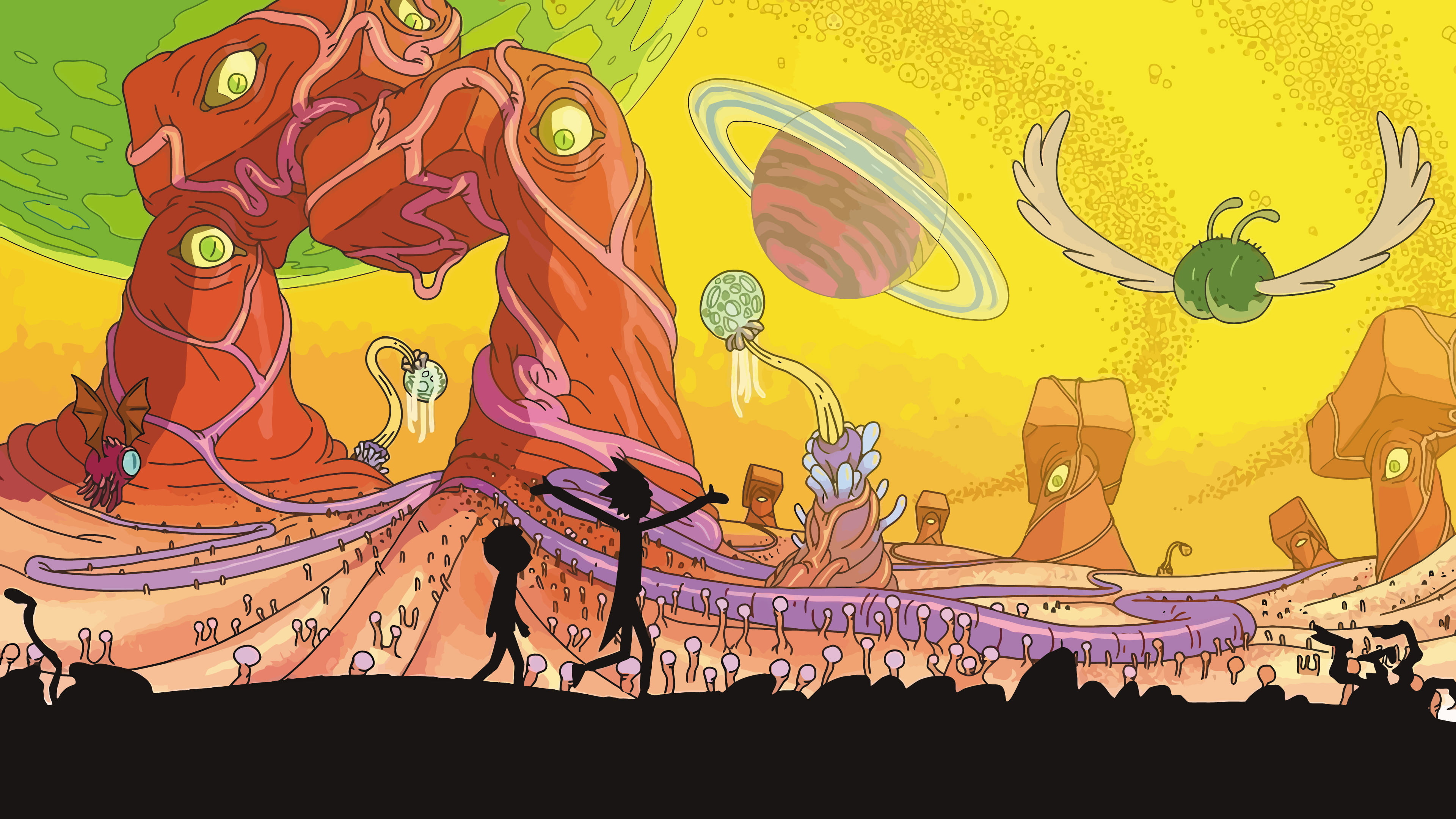 digital art, artwork, Adult Swim, Rick and Morty, cartoon, TV, Morty Smith, colorful, tv series, 4K, planet, Rick Sanchez, HD Wallpaper