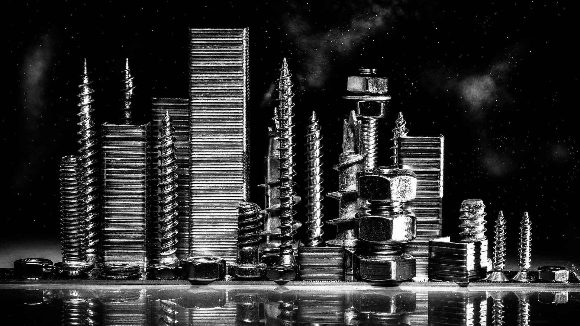built structure, no people, finance, city, screw nut, metal, sky, building exterior, office building exterior, still life, dark, outdoors, stack, architecture, HD Wallpaper