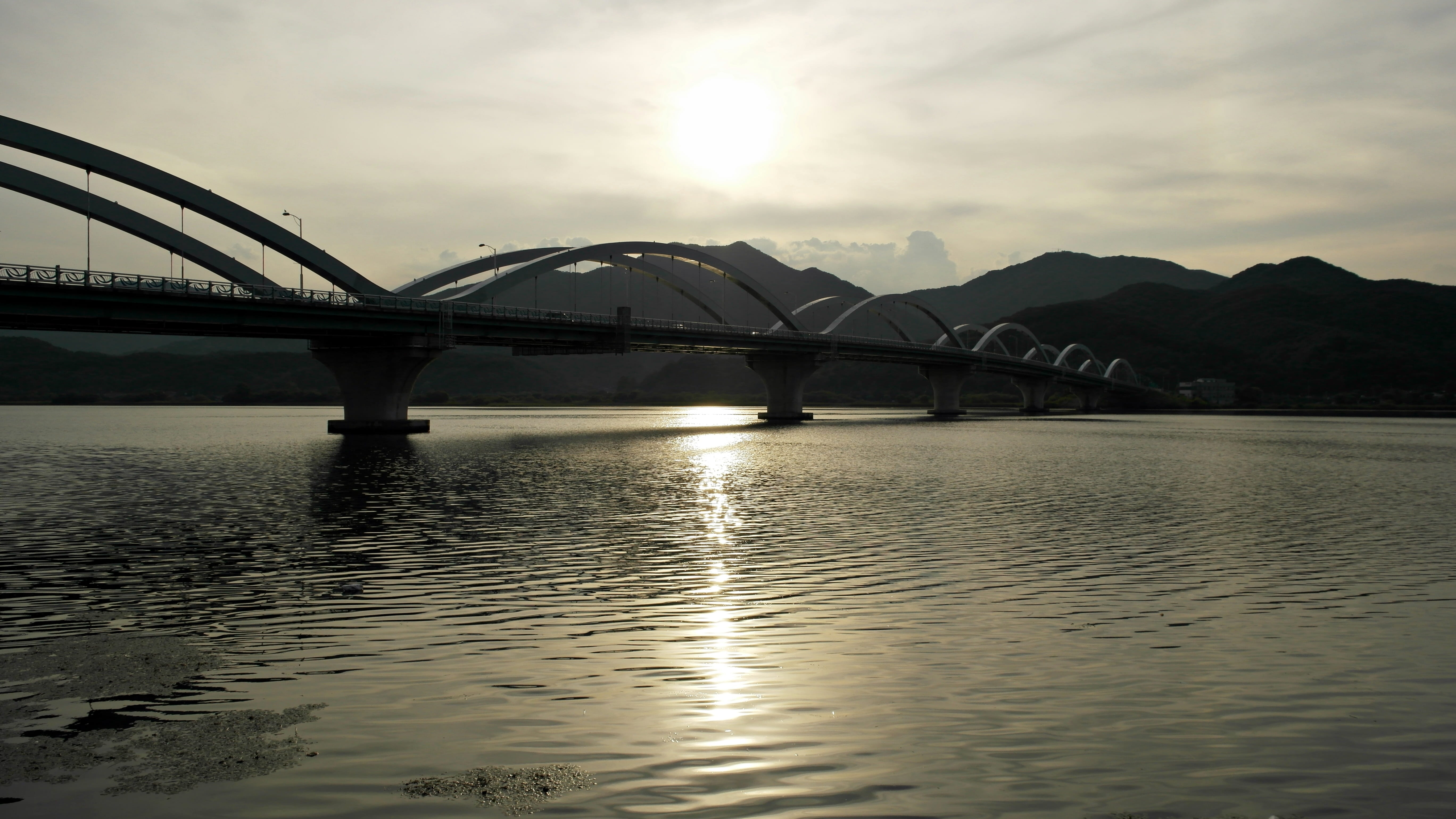 yangpyeong, connection, no people, sunset, waterfront, water, cloud - sky, han river, sun, outdoors, arch bridge, sky, built structure, early evening, river, HD Wallpaper