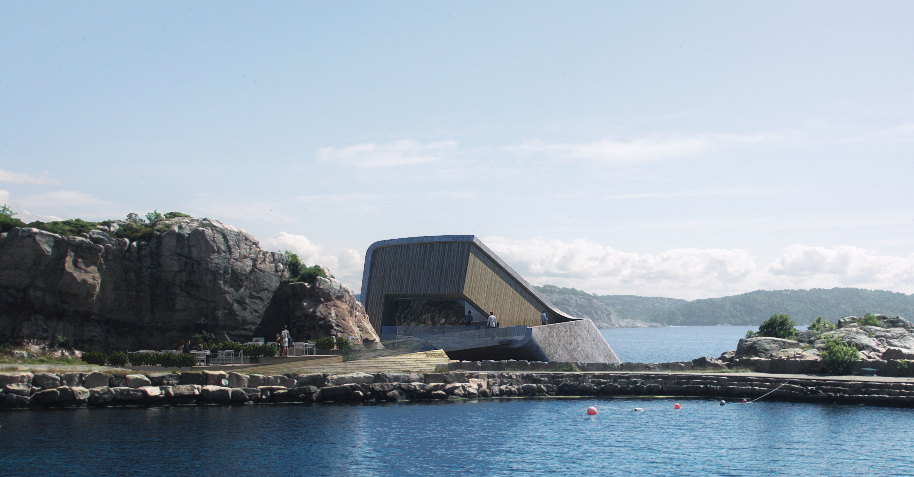 building, Norway, 2K, modern, water, nature, architecture, restaurant, clouds, rock, landscape, HD Wallpaper