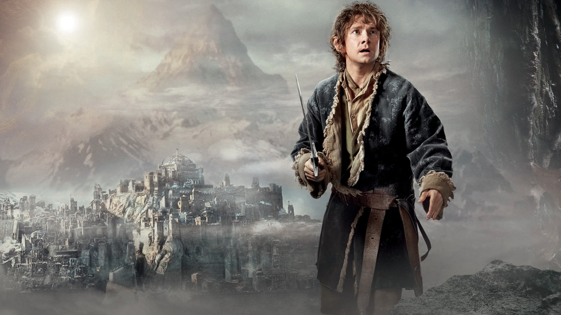 outdoors, standing, looking at camera, poster, cityscape, front view, hobbit, men, digital composite, contemplation, sky, hd, mid adult, city, males, smaug, HD Wallpaper