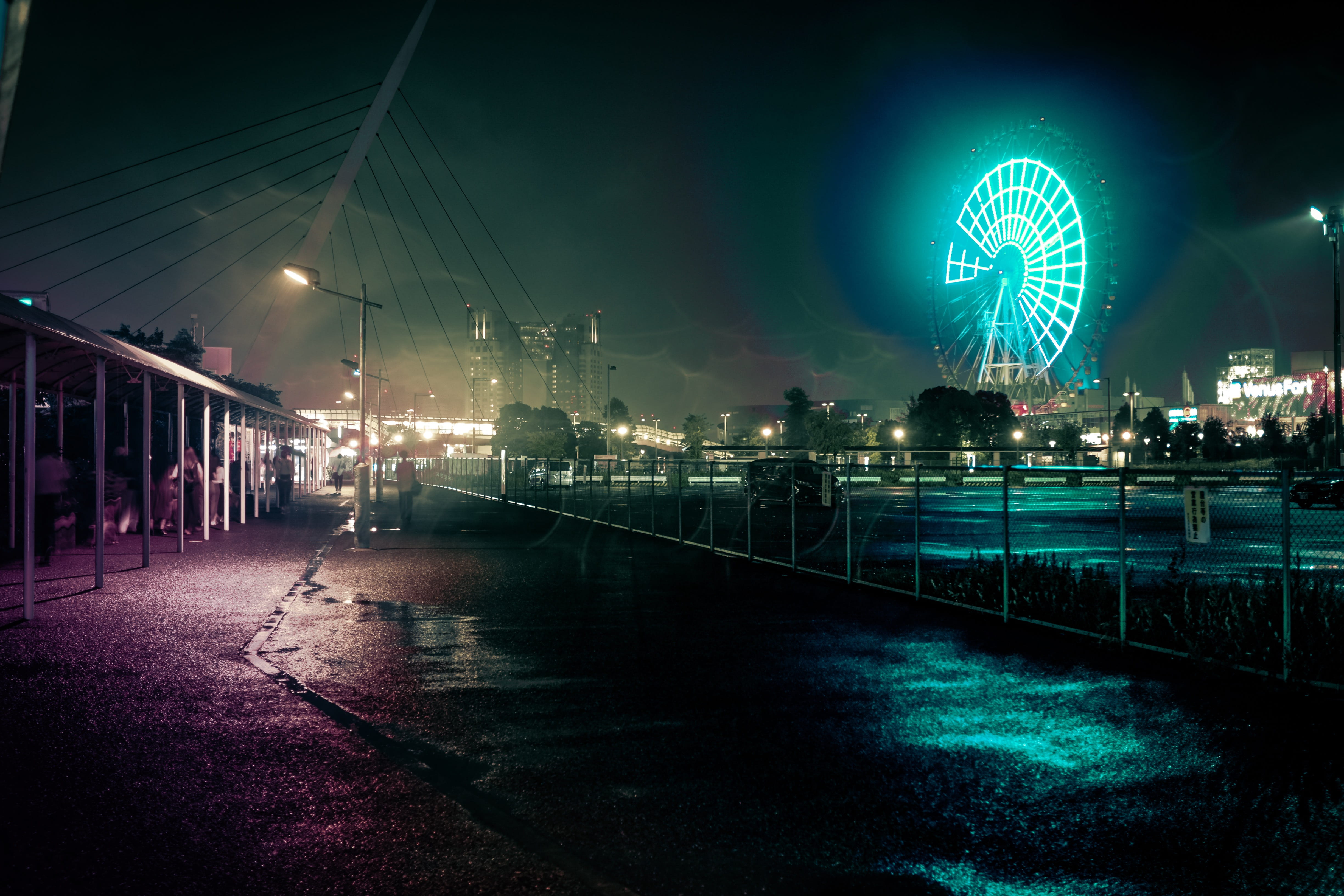 fun, transportation, light, amusement park ride, night, empty, ferris wheel, japan, quiet, nightlife, rain, built structure, city, bridge - man made structure, HD Wallpaper