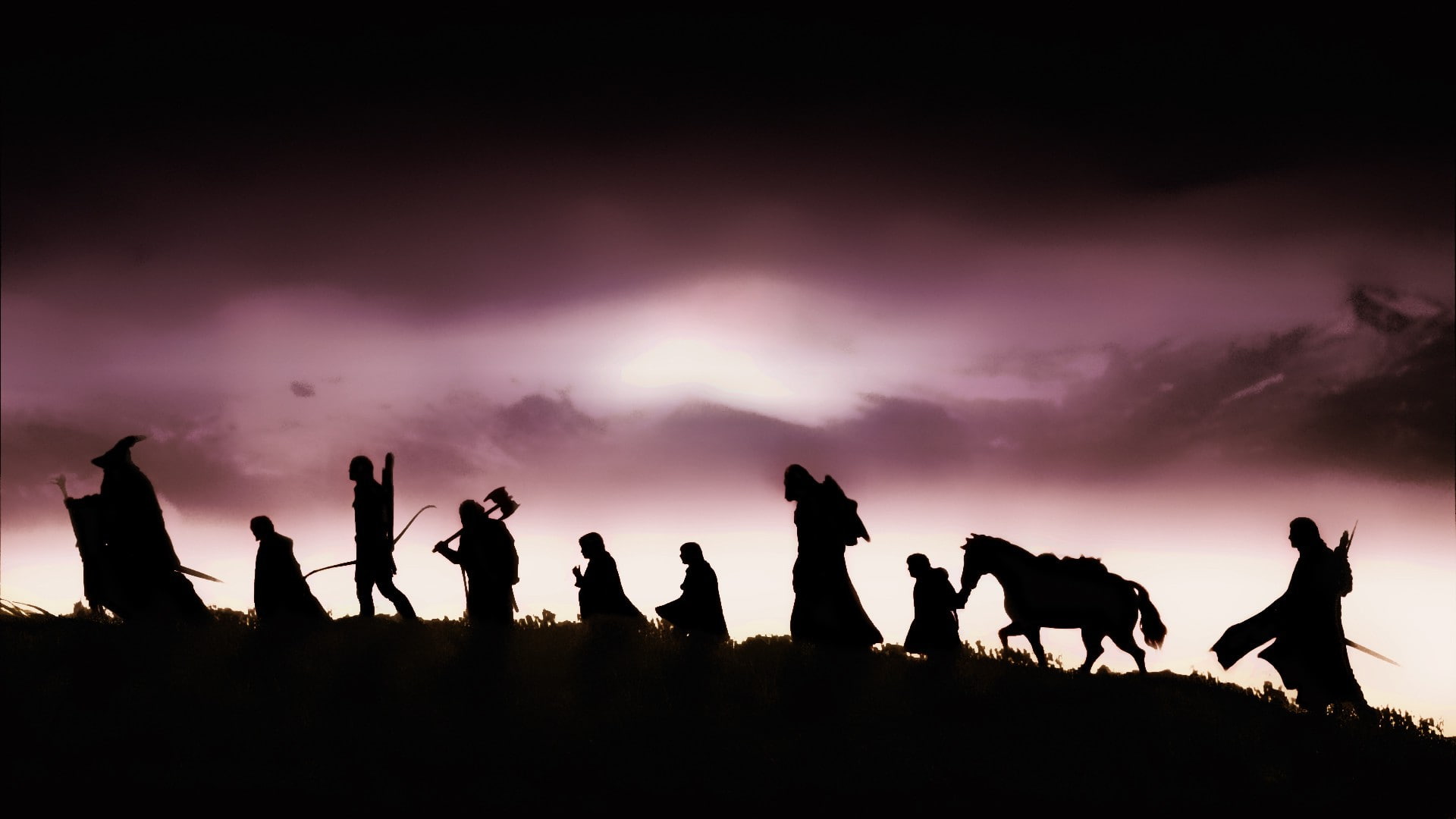 dramatic sky, beauty in nature, sunset, mammal, 1080P, people, back lit, motion, outdoors, activity, night, group of people, The Lord Of The Rings, nature, HD Wallpaper