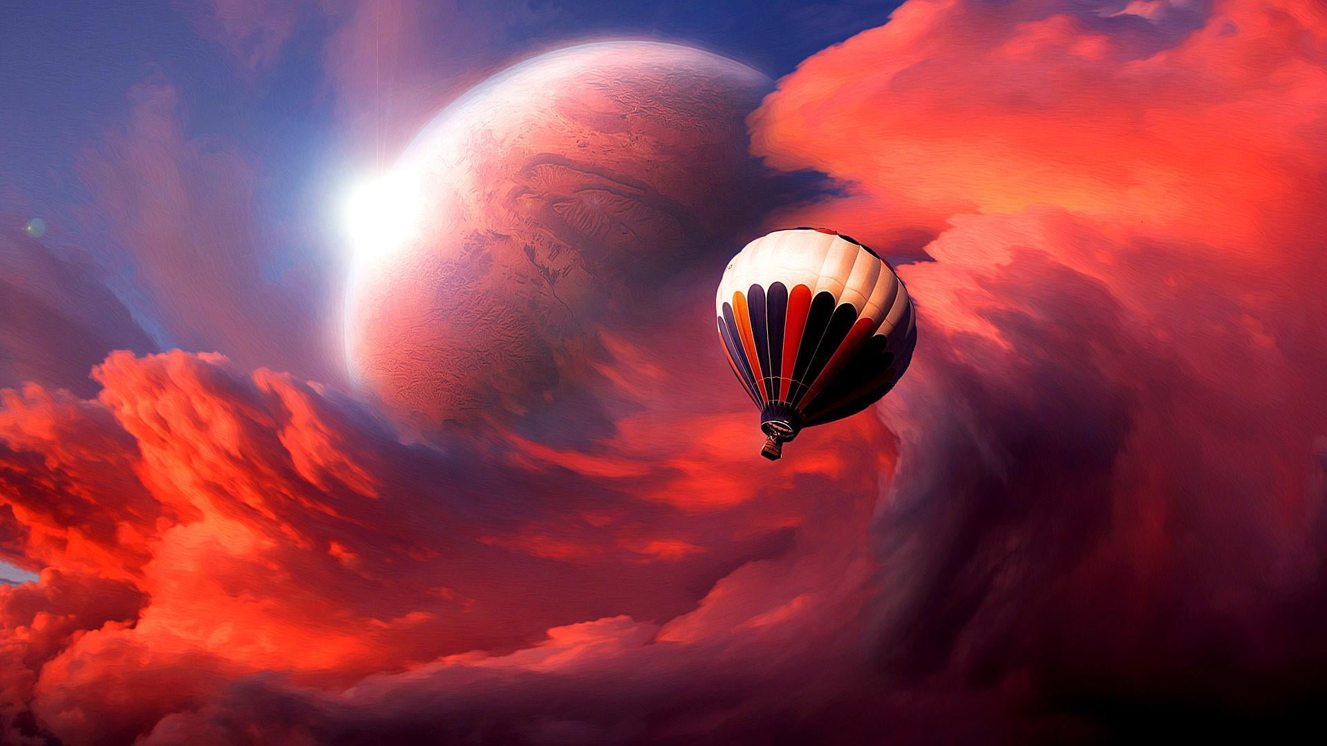 fantasy, outdoors, nature, adventure, air balloon, 1080P, hot air balloon, flying, transportation, planet, journey, scenics - nature, no people, dramatic sky, HD Wallpaper