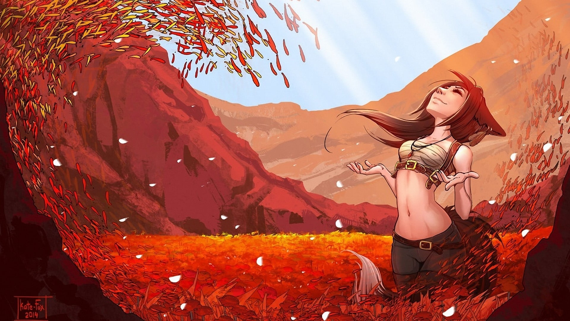 clothing, lifestyles, artwork, mountain, haired, rock - object, women, 1080P, red, anime girls, one person, beauty in nature, 2014 (Year), leisure activity, HD Wallpaper