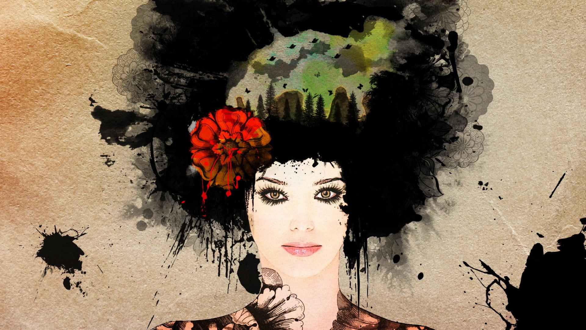 mountain, afro, floral, woman, 1920x1080, tree, hair, digital art, 1080P, abstract, painting, HD Wallpaper