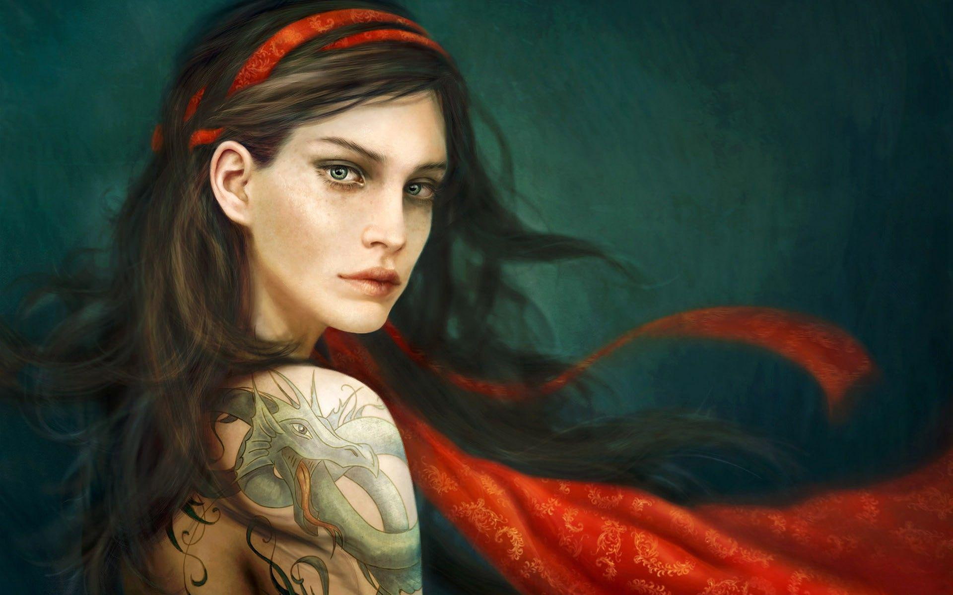 red, painting, fantasy, scarf, 1080P, dragon, 1920x1200, tattoo, girl, woman, HD Wallpaper
