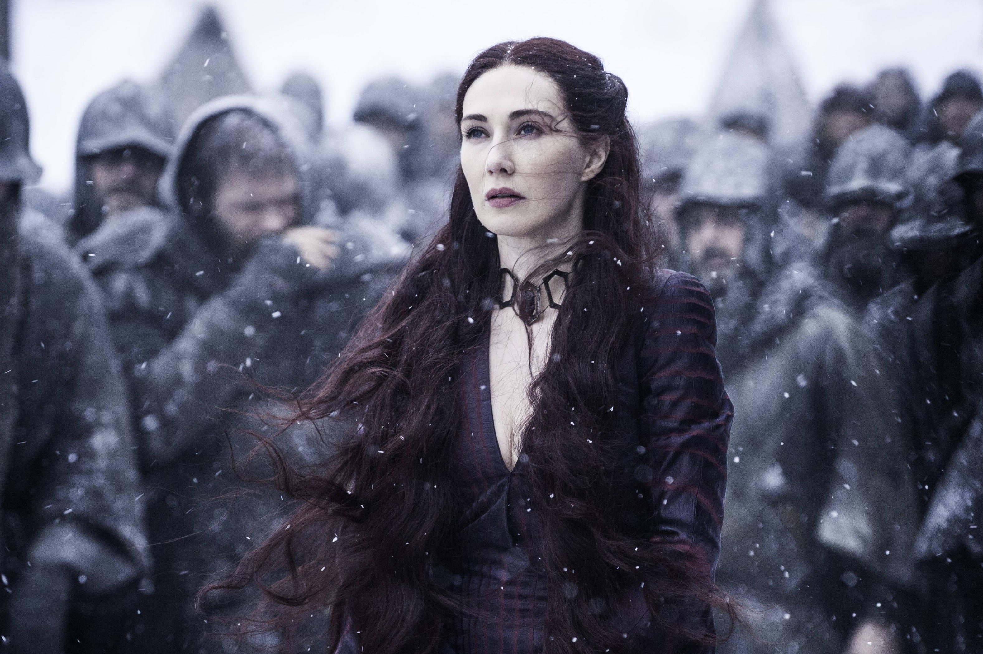 cleavage, HBO, actress, army, Melisandre, long hair, Carice van Houten, 2K, blue eyes, TV, Game of Thrones, necklace, brunette, HD Wallpaper