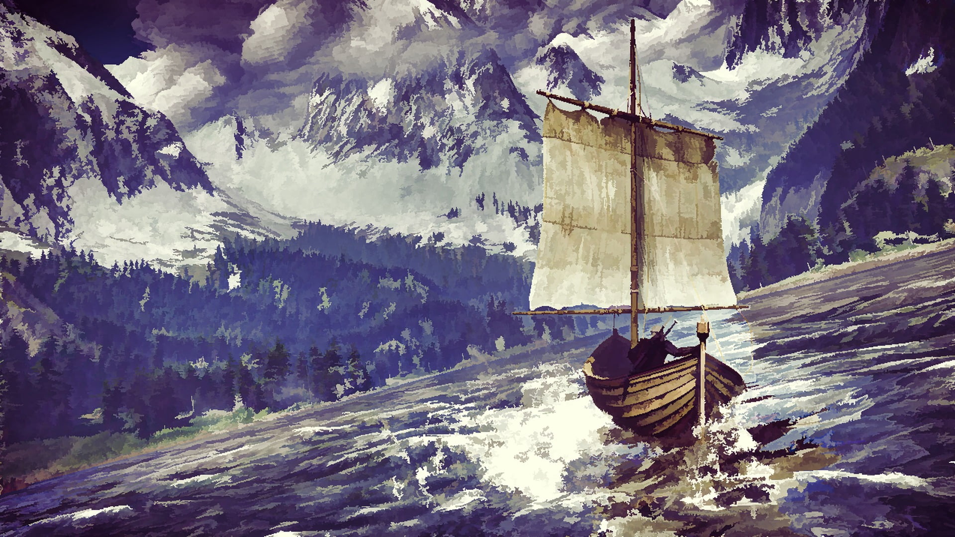 outdoors, scenics - nature, architecture, beauty in nature, water, The Witcher 3: Wild Hunt, nature, boat, digital art, art, flowing water, body, rock, HD Wallpaper