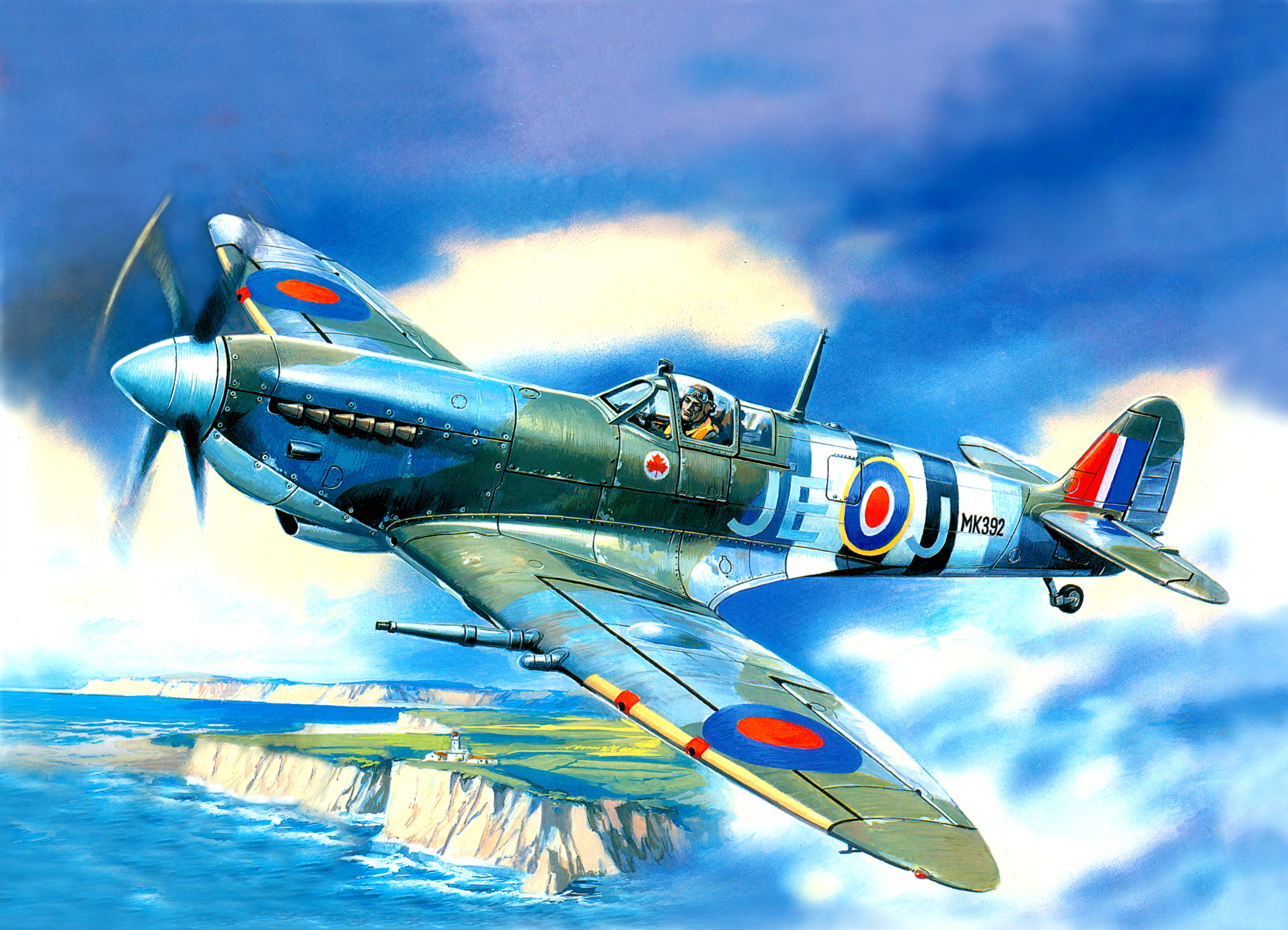 5K, fighter, sea, art, WW2, shore, Spitfire Mk.9, British, single-engine, the sky, lighthouse, HD Wallpaper