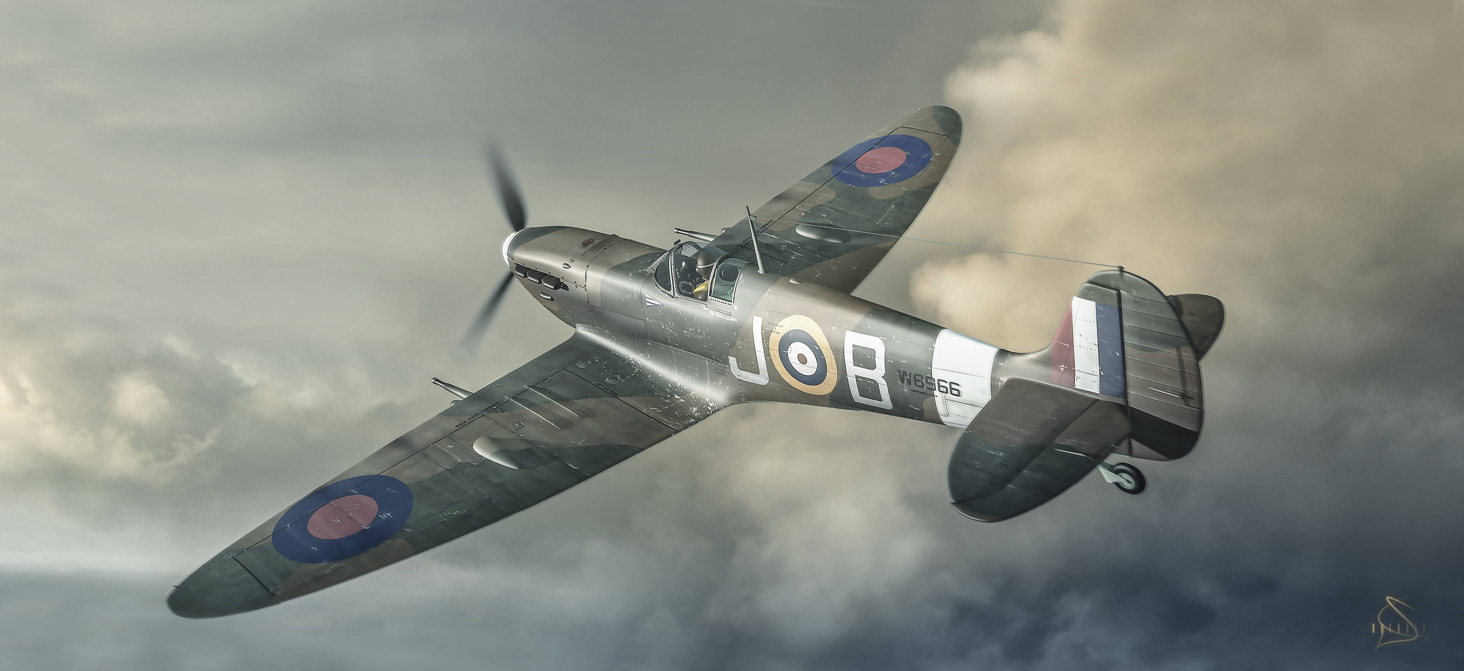 Spitfire, in the sky, retro, 4K, scout, the plane, flight, fighter, art, interceptor, Supermarine, HD Wallpaper