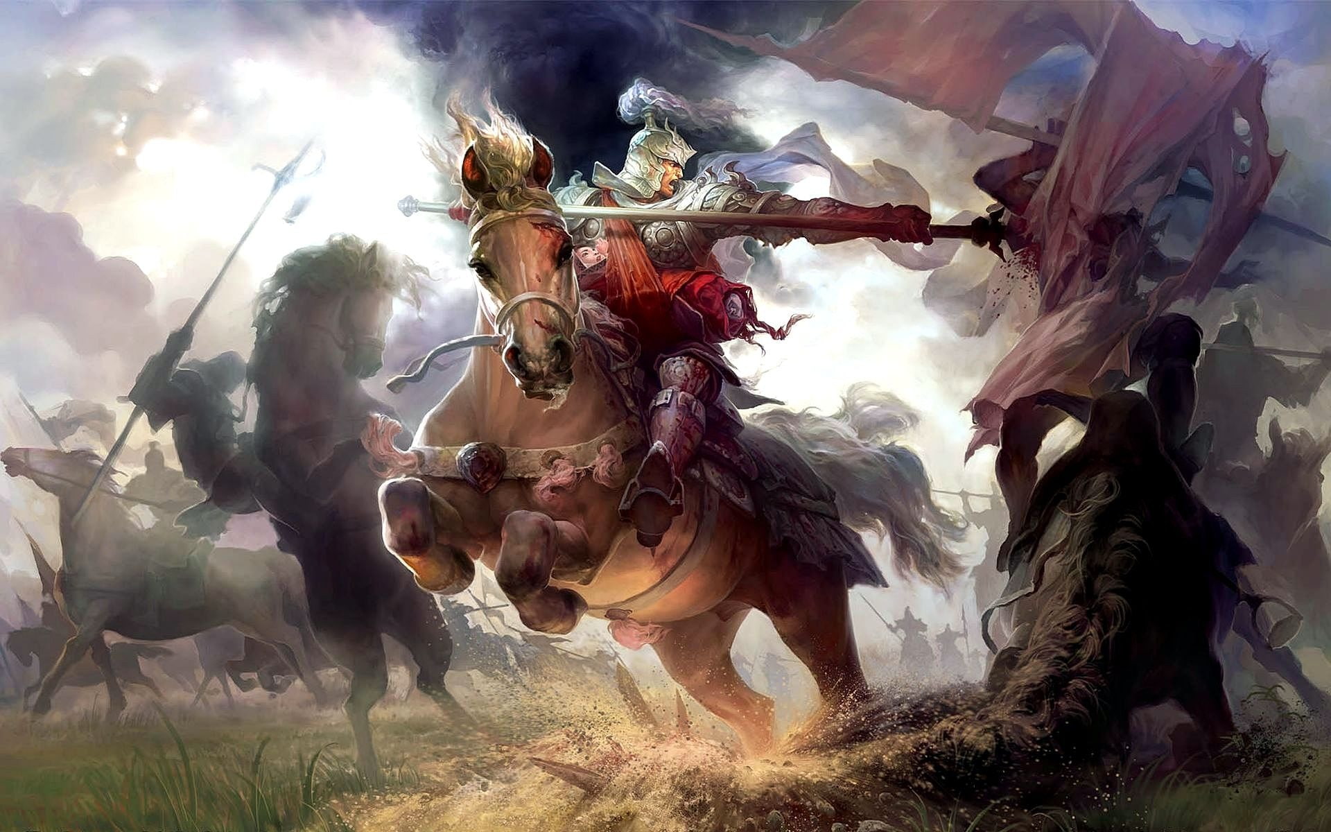 battle, knight, warriors, the, three, horses, fantasy, Heroes, 1080P, Kingdoms, of, art, blood, armor, weapons, HD Wallpaper