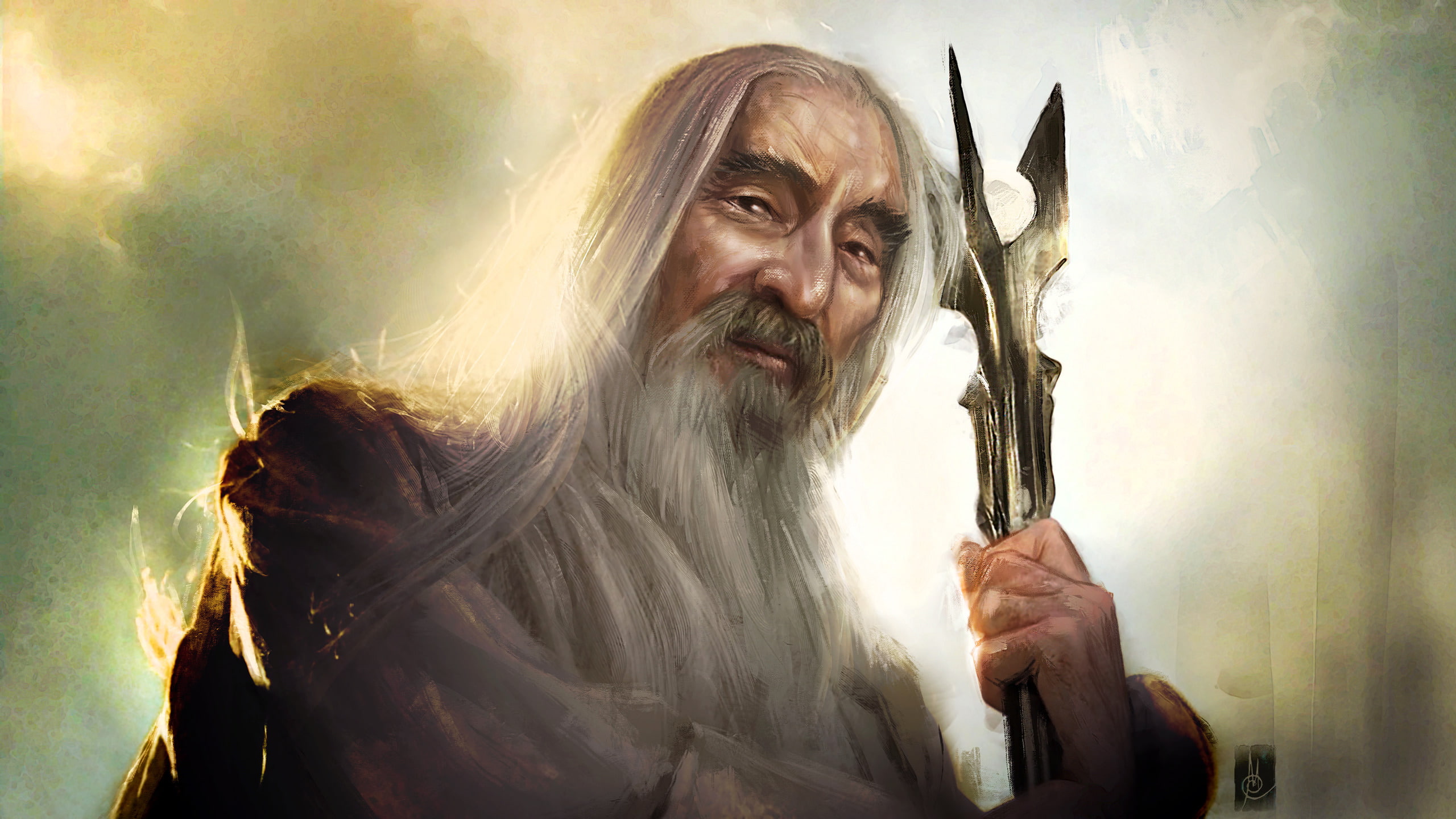 waist up, saruman the lord of the rings wizard beards artwork fantasy art staff old people christopher lee portrait, men, holding, emotion, portrait, negative emotion, HD Wallpaper