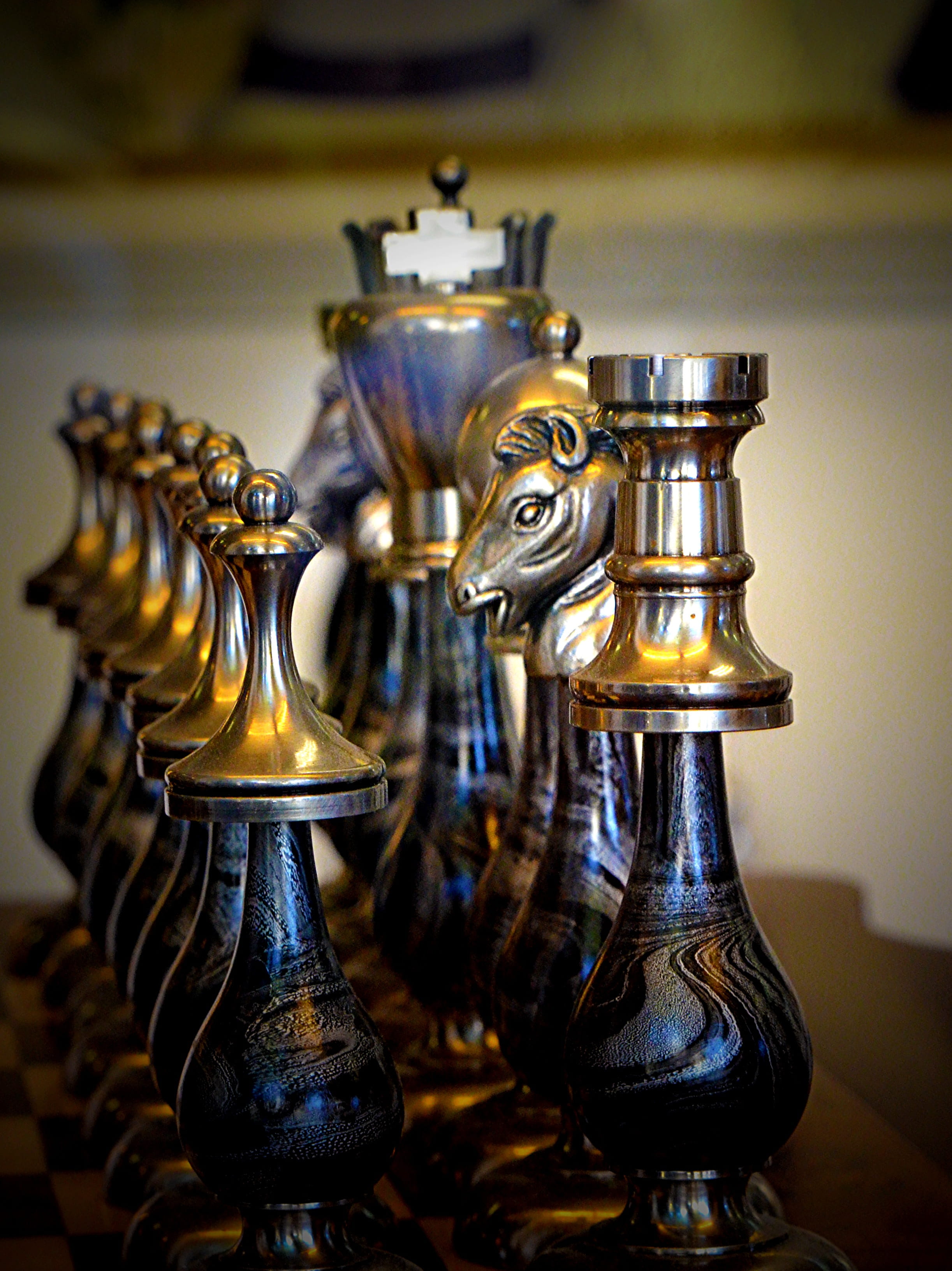 no people, gold colored, sculpture, steel, arrangement, courage, old, design, symbol, belief, chess, table, power, knight, gold, battle, antique, close-up, Phone HD Wallpaper