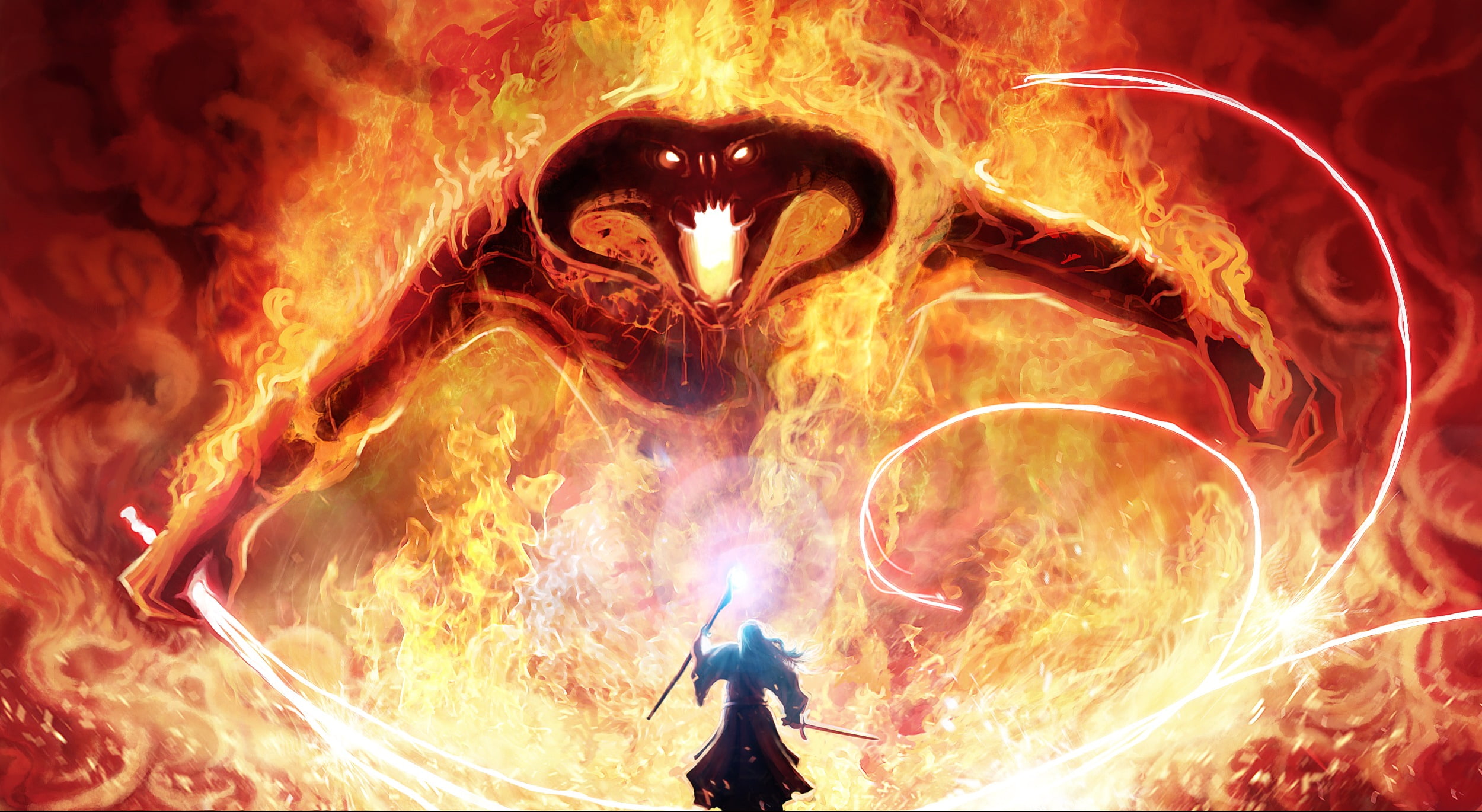 sword, of, whip, magician, gandalf, the, rings, Balrog, Magic, movies, staff, monster, 1080P, fire, demon, llord, HD Wallpaper