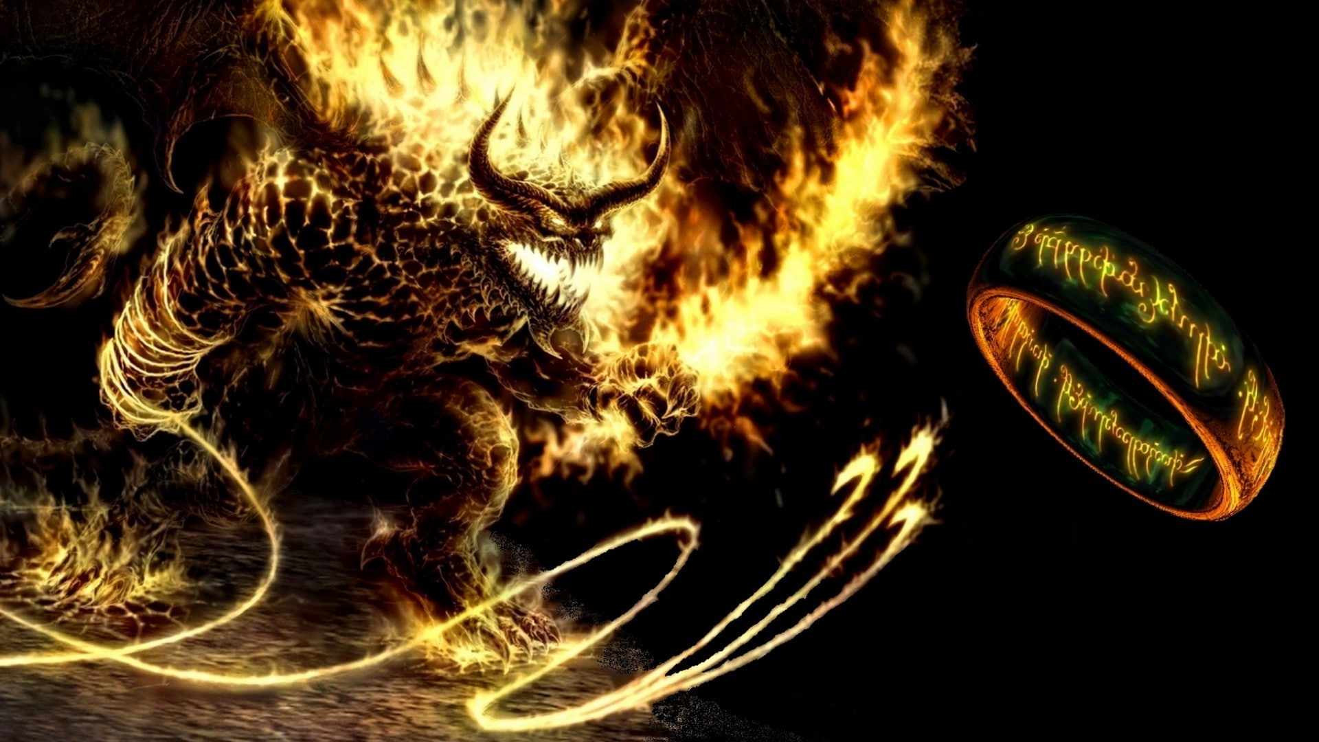 close-up, glowing, arts culture and entertainment, fire, night, pattern, black background, Middle earth, The Lord Of The Rings, indoors, fantasy Art, demon, HD Wallpaper
