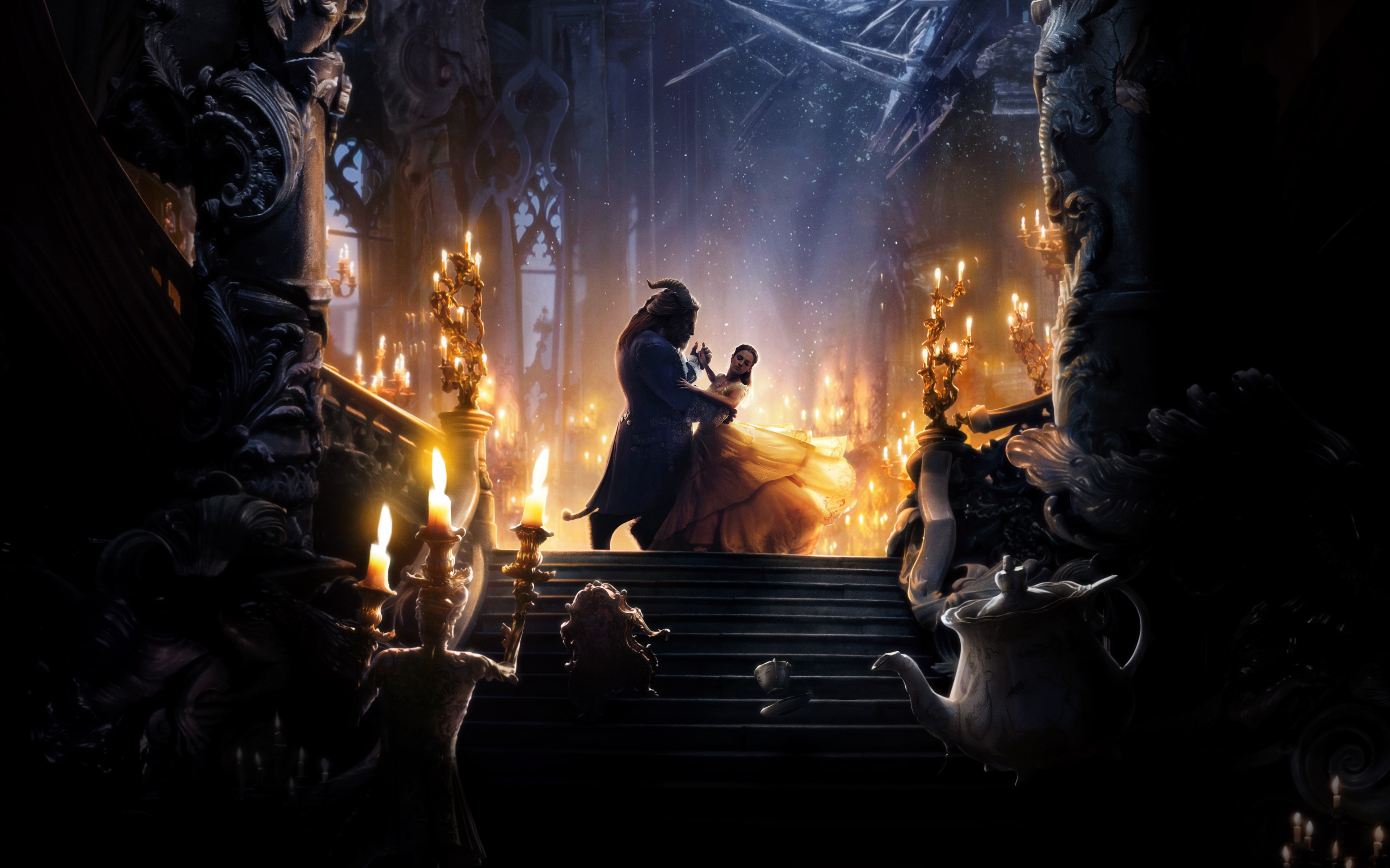 lights, stairs.candles, Beauty and the Beast, the musical, chandelier, mirror, Palace, Cup, Emma Watson, 4K, teapot, pair, fantasy, Dan Stevens, dance, HD Wallpaper