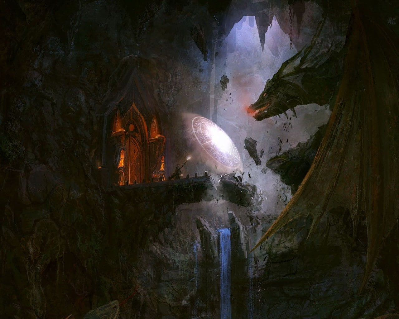 fantasy art, 720P, waterfall, wizard, bridge, dragon, Gandalf, The Lord of the Rings, HD Wallpaper