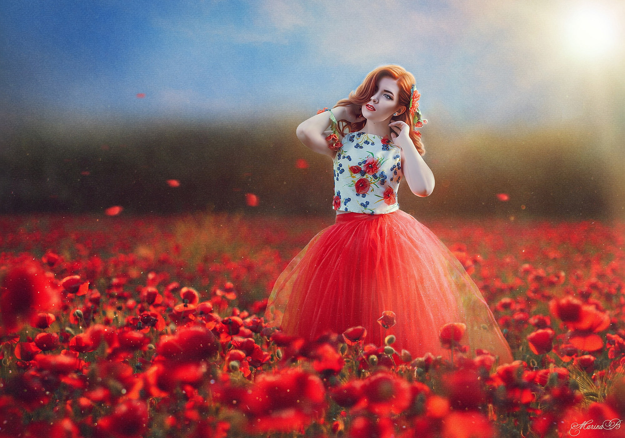 texture, Maki, field, girl, Marina Baccardi, dress, mood, flowers, 1080P, HD Wallpaper