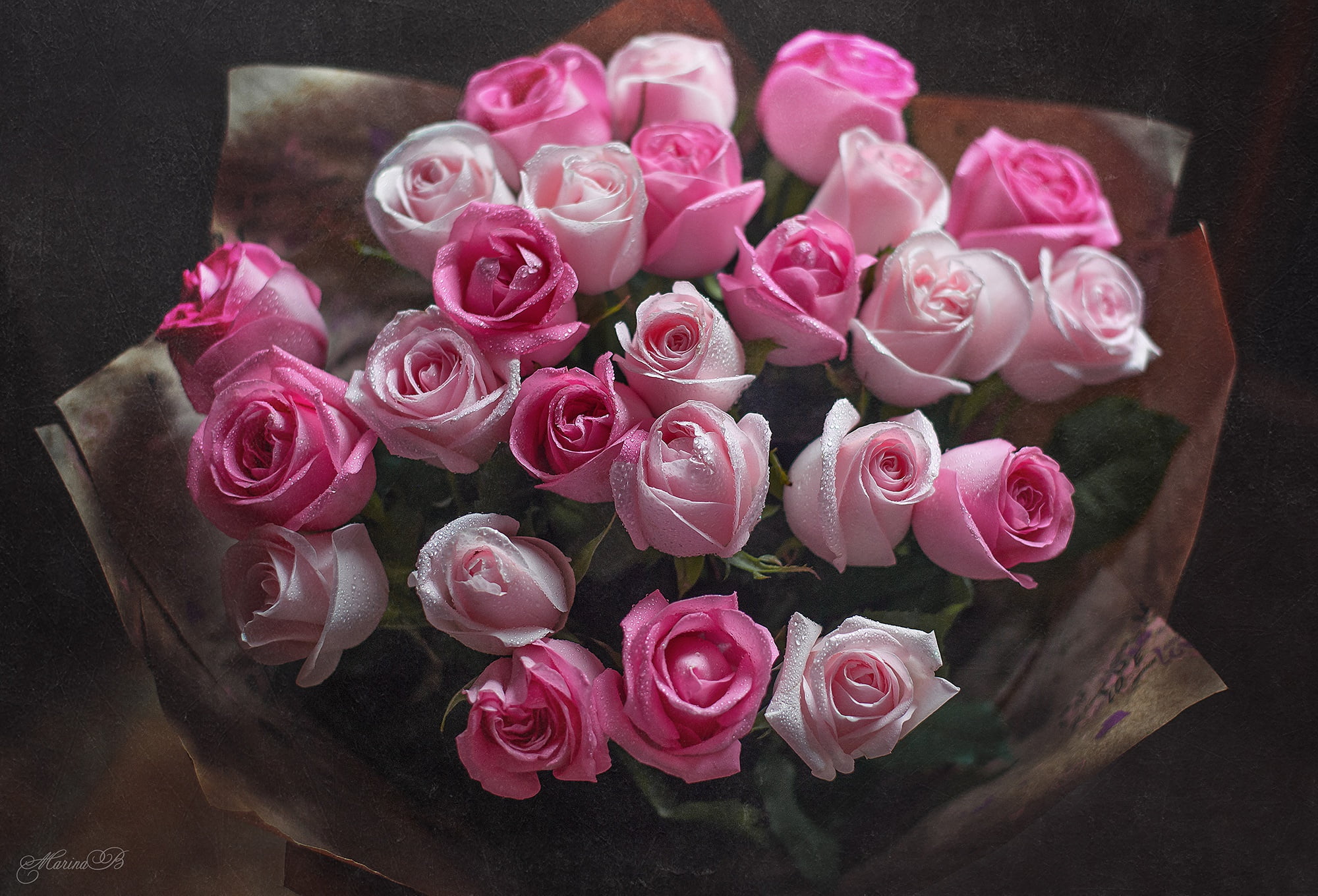 1080P, roses, Marina Baccardi, drops, buds, bouquet, pink, HD Wallpaper