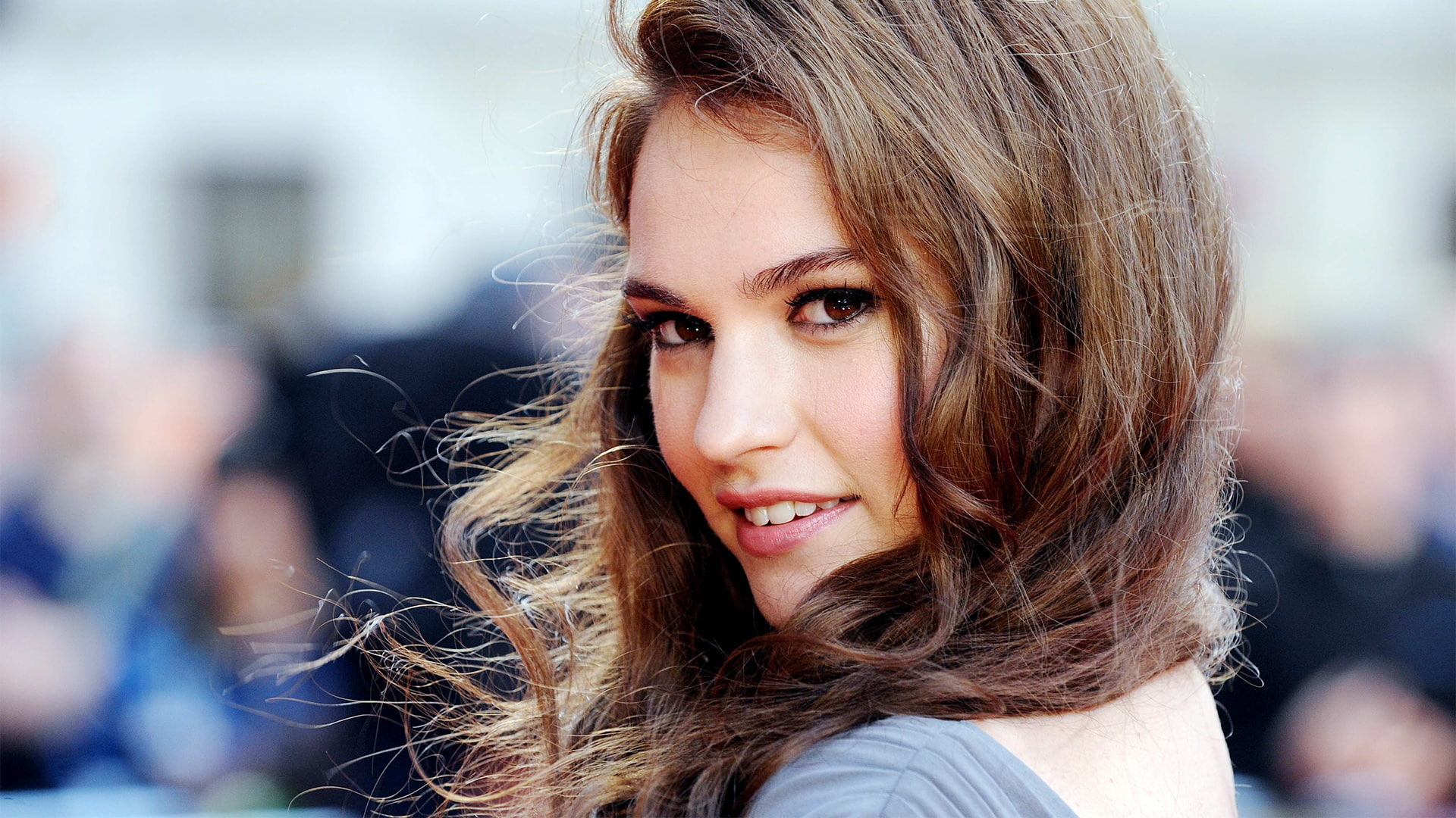 1080P, hair, woman, portrait, smile, lily, james, long hair, long, lily james, HD Wallpaper