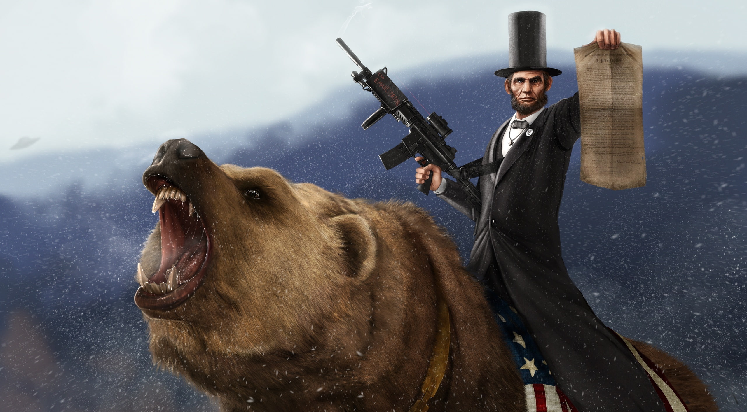 anger, men, Artistic, nature, 2K, fun, digital, Lincoln, bear, riding, mouth, mouth open, mammal, vertebrate, one animal, Abraham, adult, aggression, HD Wallpaper