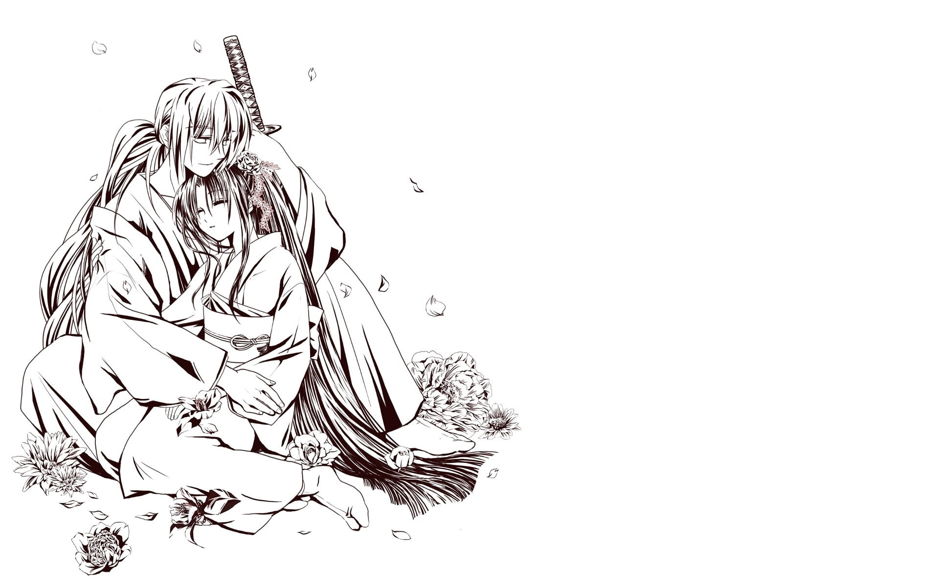 copy space, activity, digital composite, illustration, engraved Image, old, people, book, girl, clear sky, hug, sword, female likeness, vector, 1080P, HD Wallpaper