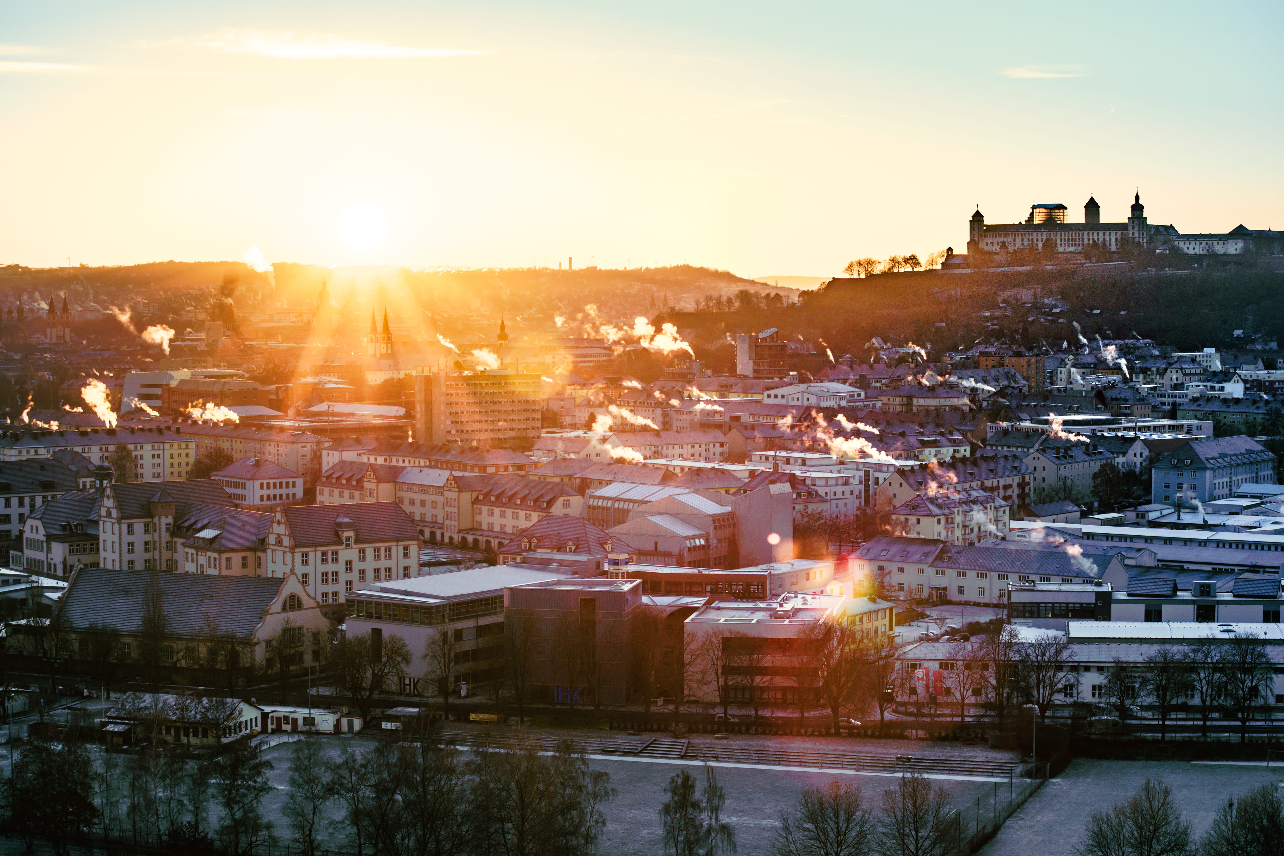 4K, castle, bavaria, water, sunset, city, building, settlement, smoke, cityscape, built structure, winter, schlosshotel steinburg wuerzburg, HD Wallpaper