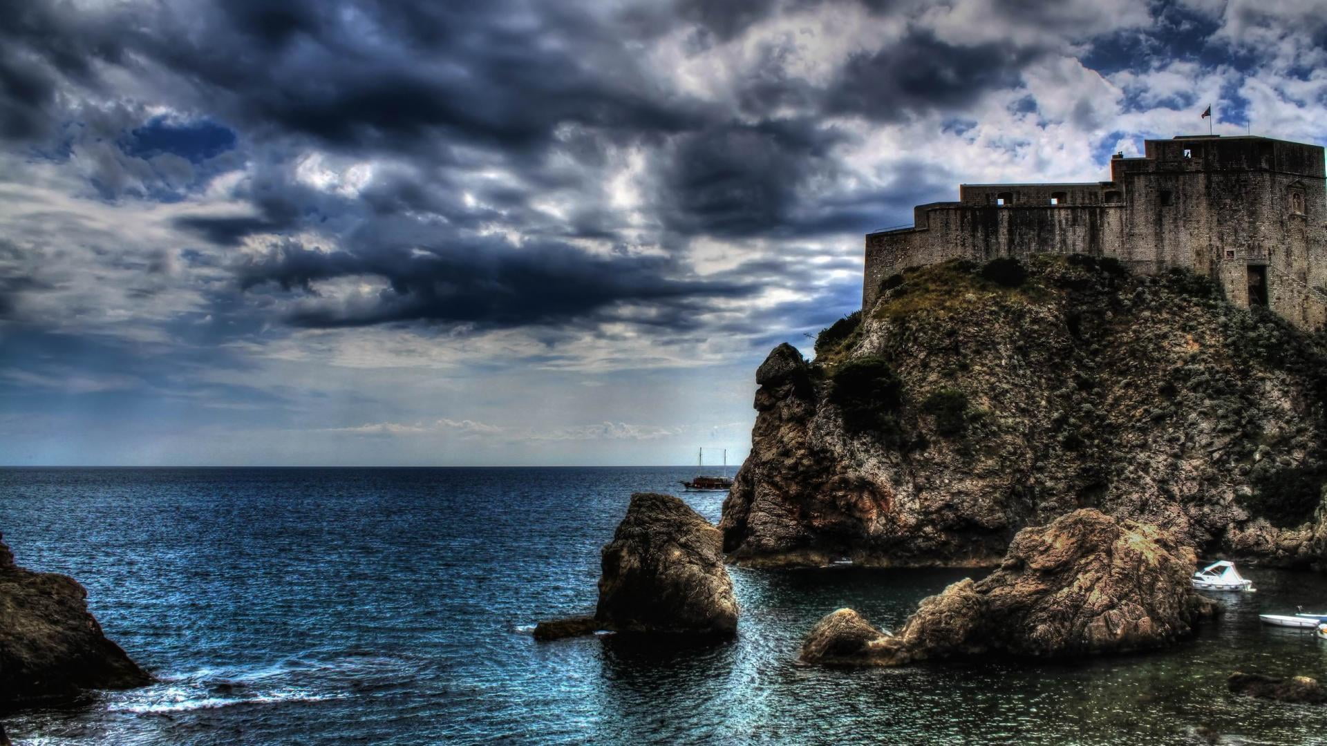 seascape, travel, rocky, water, fortification, stone, cloud - sky, island, sky, structure, castle, overcast, europe, land, sun, tranquility, lake, destination, HD Wallpaper