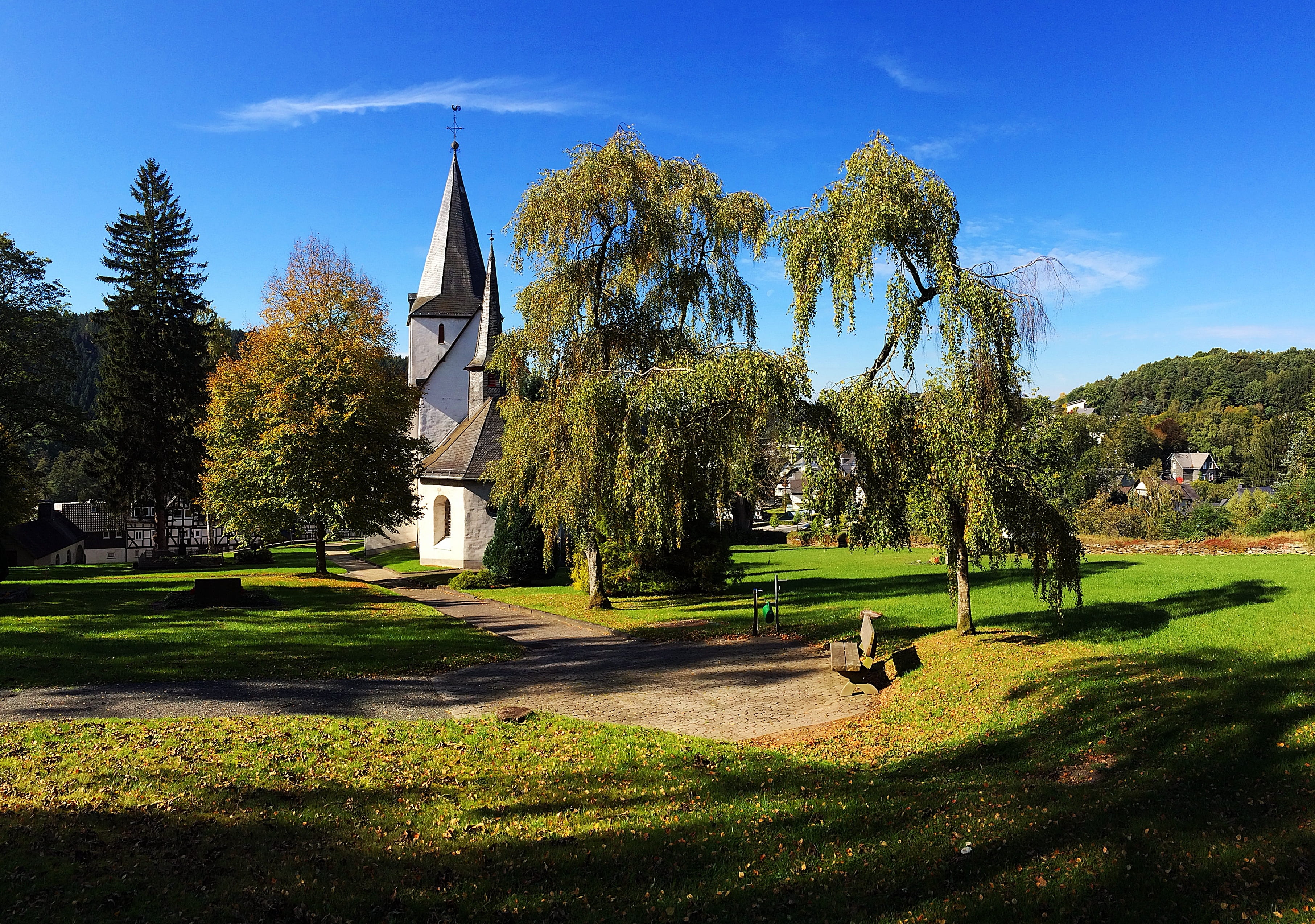 day, shadow, historically, spirituality, mood, 2K, summer, no people, grass, blue, idyllic, spire, white, germany, sunny, tranquility, belief, clouds, HD Wallpaper