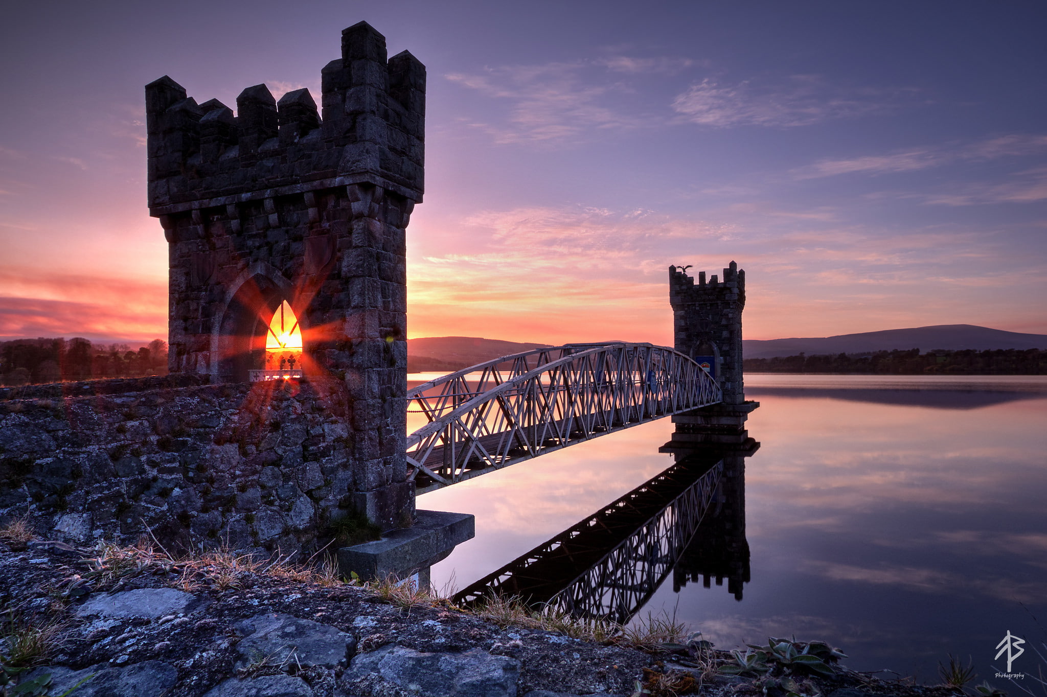 the sun, sunset, light, the evening, bridge, rays, fortress, lake, 1080P, HD Wallpaper
