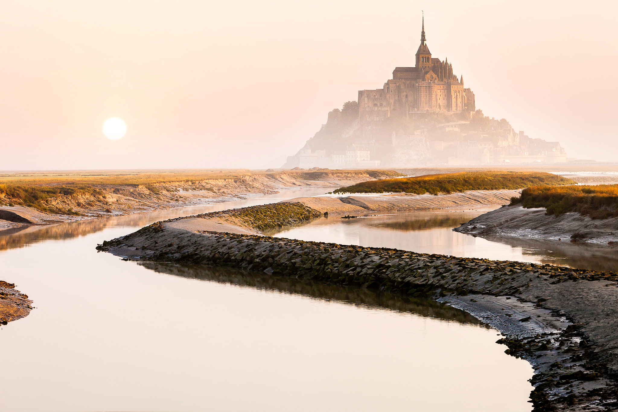 morning, France, 1080P, the sun, Mont-Saint-Michel, the island fortress of, the city, HD Wallpaper