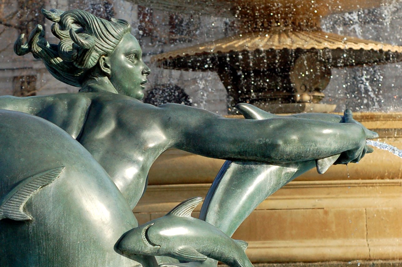 fountain, representation, human representation, close-up, indoors, gold colored, travel destinations, art, water, silver colored, no people, 720P, dolphin, HD Wallpaper