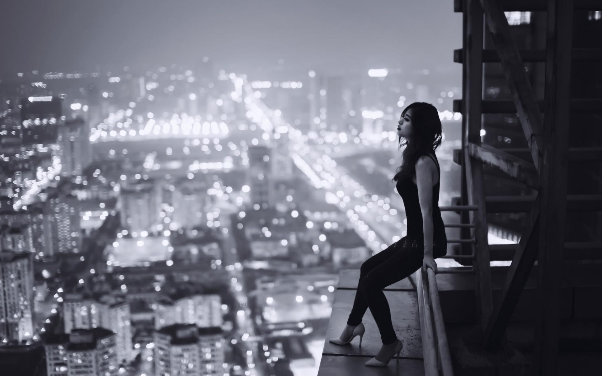 sadness, night city, 1080P, roof railing, railing, roof, loneliness, night, a girl, longing, lighting, desktop, city, girl, HD Wallpaper