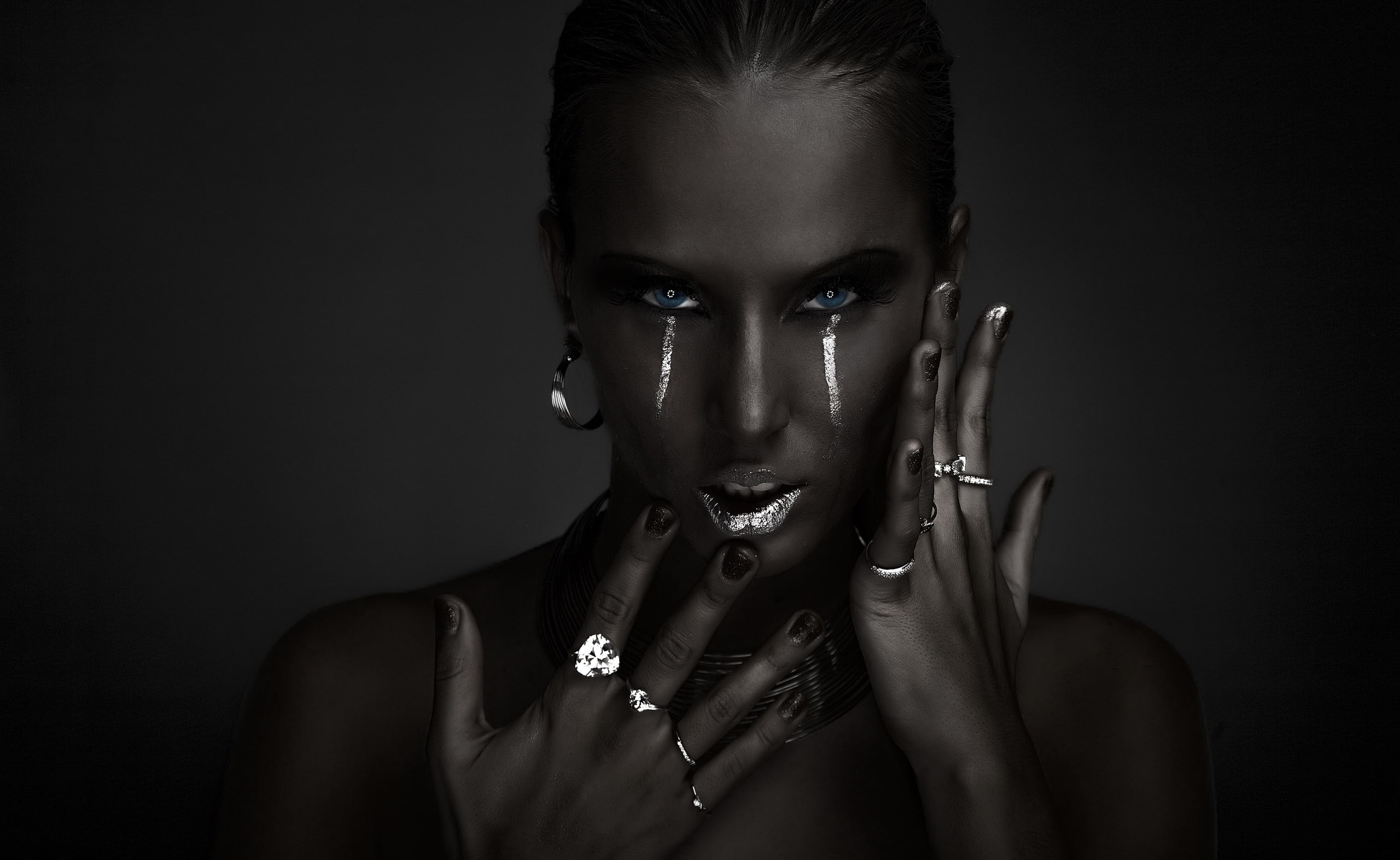 ring, human body part, front view, nail, beautiful woman, indoors, Black, luxury, black background, Creative, Girls, portrait, 2K, face, women, jewelry, HD Wallpaper