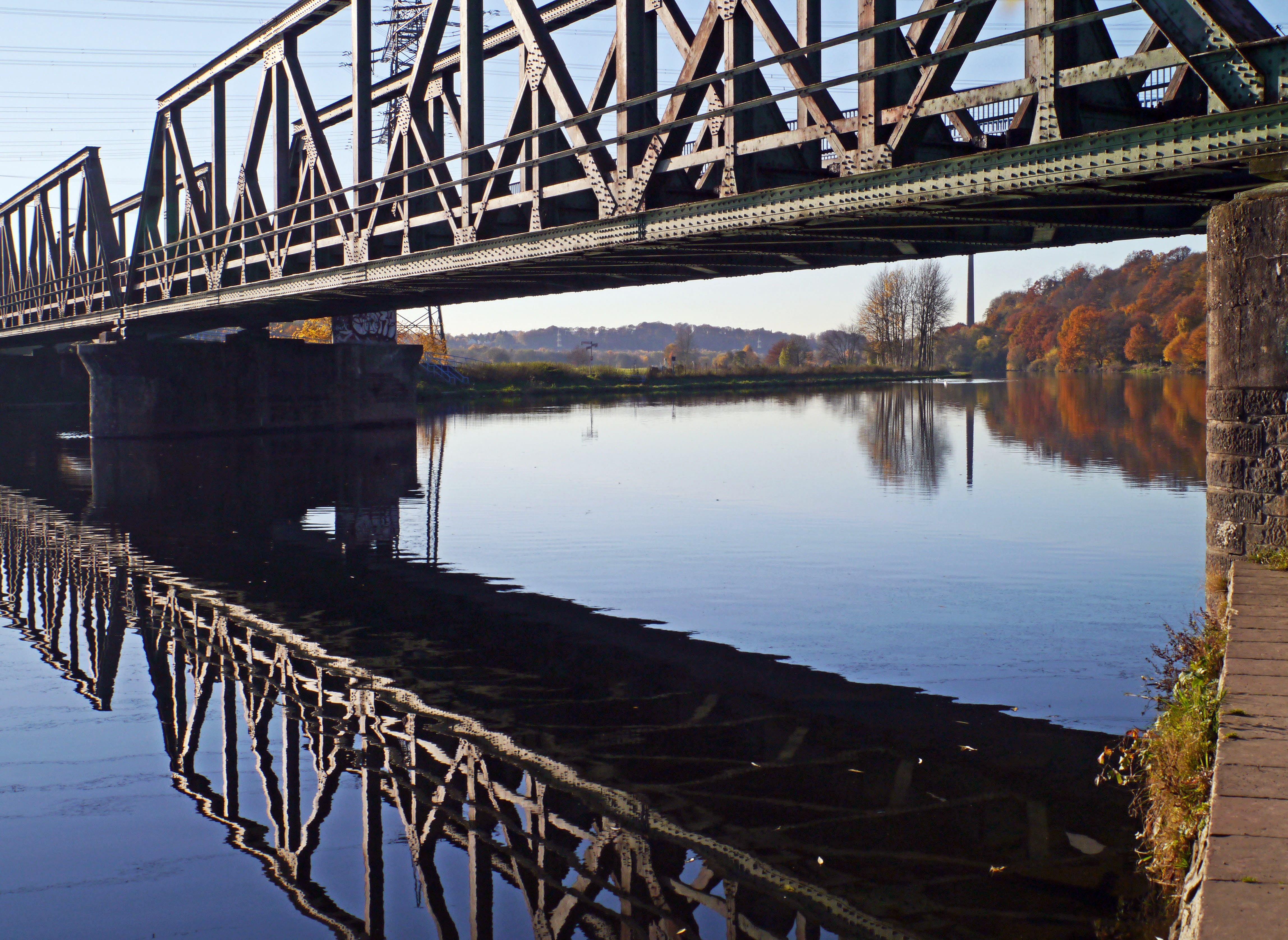 long, mirroring, railway bridge, bridge - man made structure, ruhr, sky, ruhr area, river landscape, ruhr valley, waters, outdoors, power line, ruhr bridge, HD Wallpaper