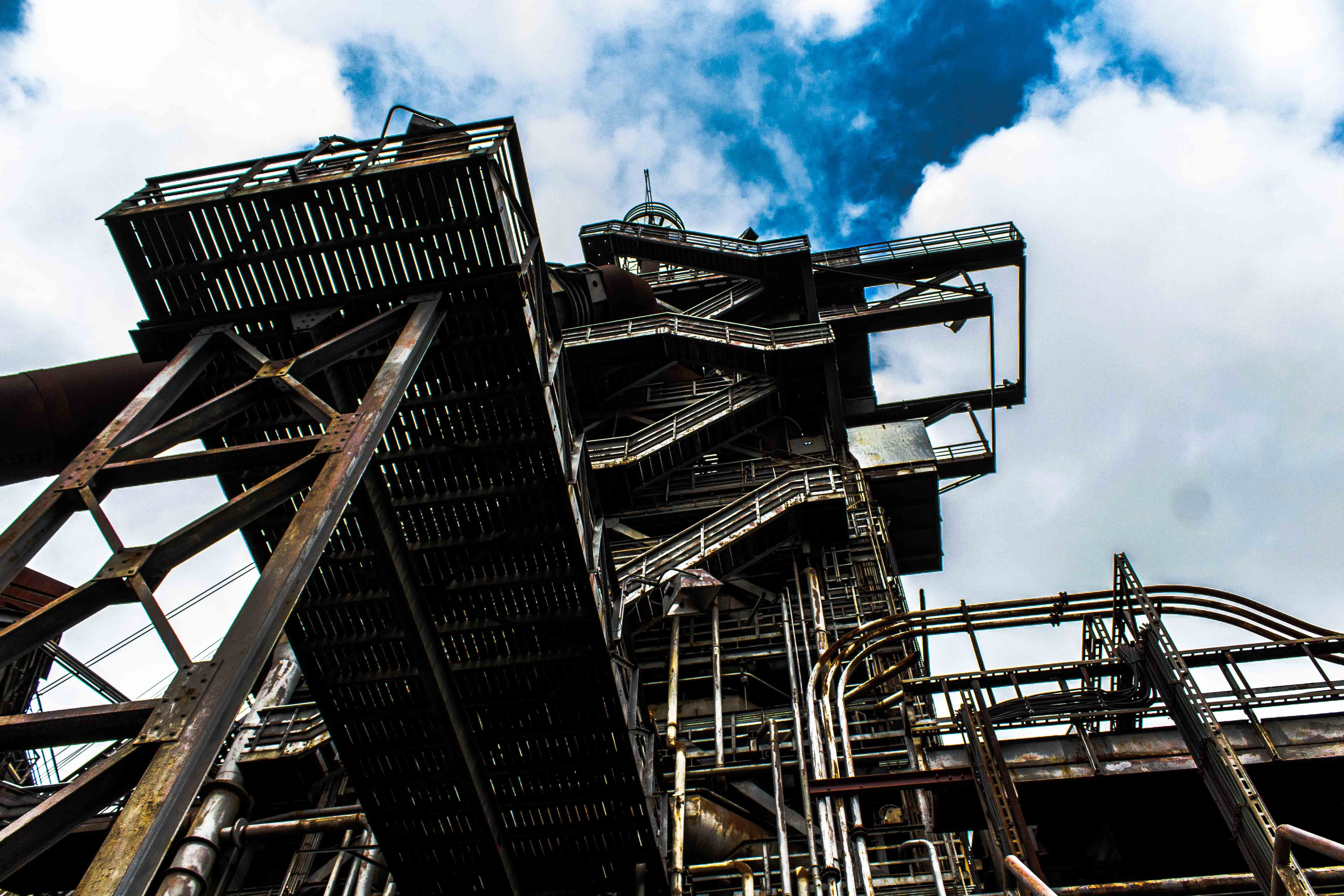 architecture, staircase, travel destinations, built structure, no people, old, outdoors, view, lost, metal factory, landschaftpark, sky shot, lost factory, HD Wallpaper