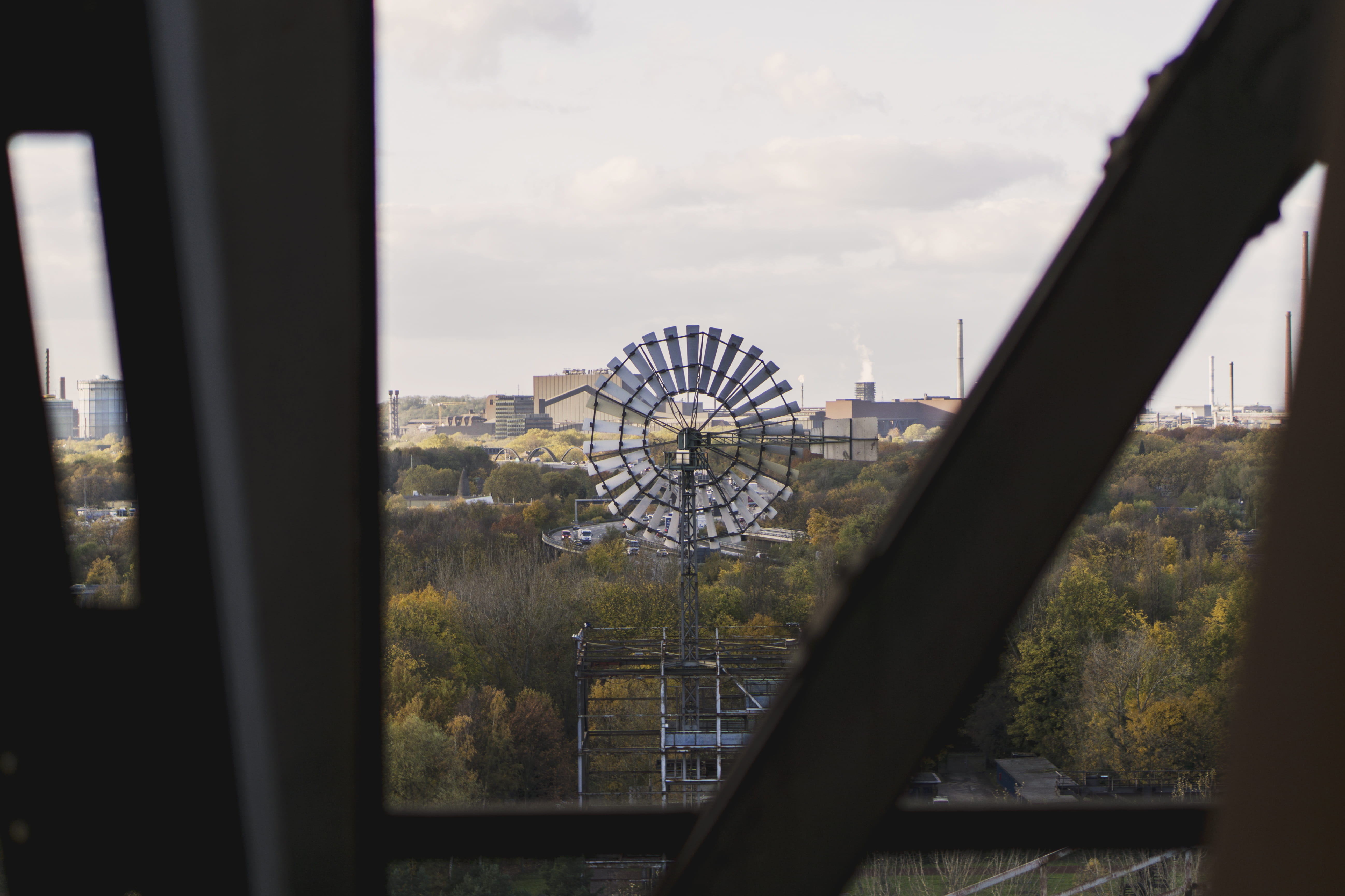 water, building, metal, ferris wheel, architecture, windmill, window, building exterior, cloud - sky, nature, day, built structure, duisburg, germany, amusement park ride, HD Wallpaper