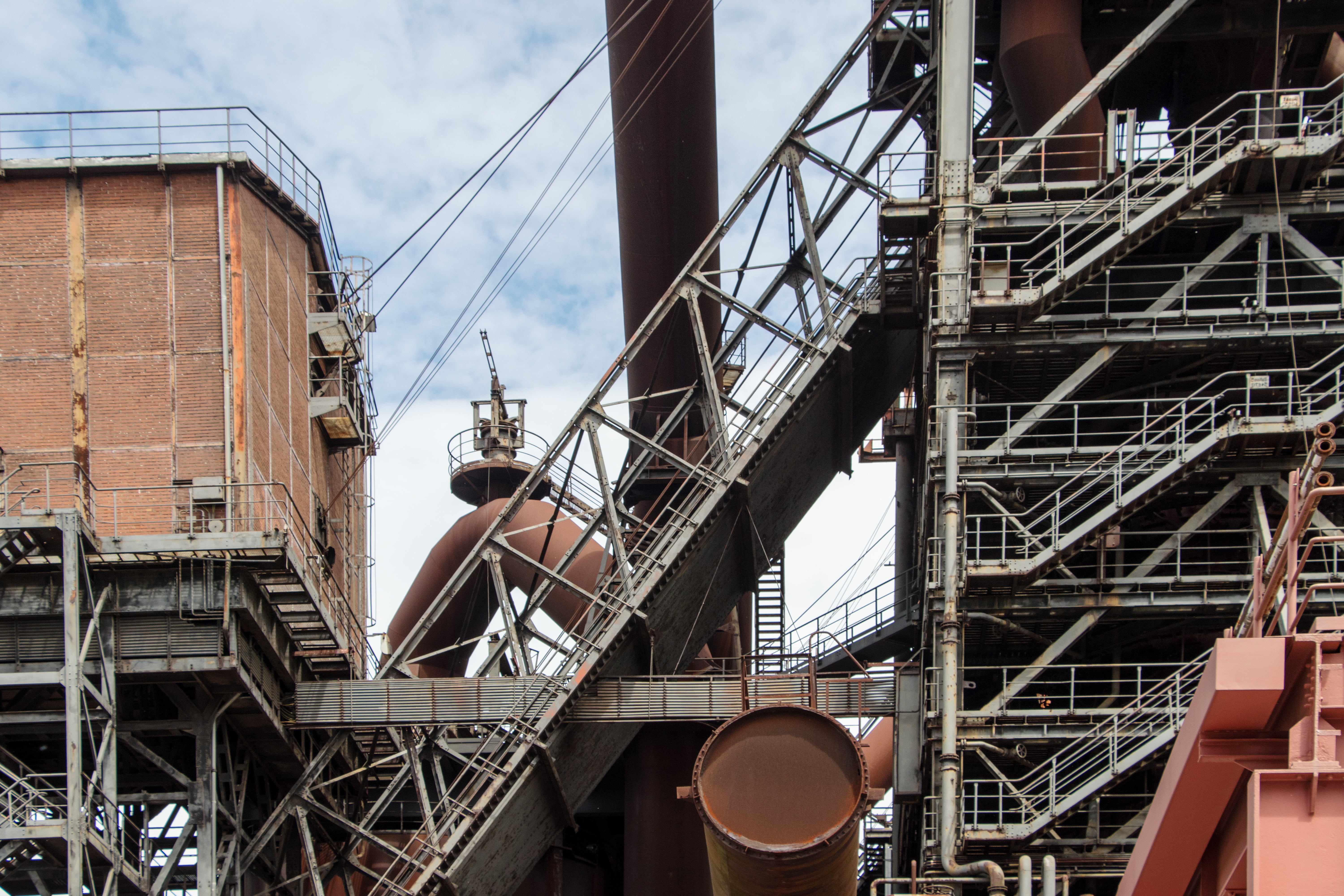 decay, staircase, factory building, fire escape, leave, industrial architecture, built structure, 5K, steps and staircases, no people, duisburg, cloud - sky, HD Wallpaper