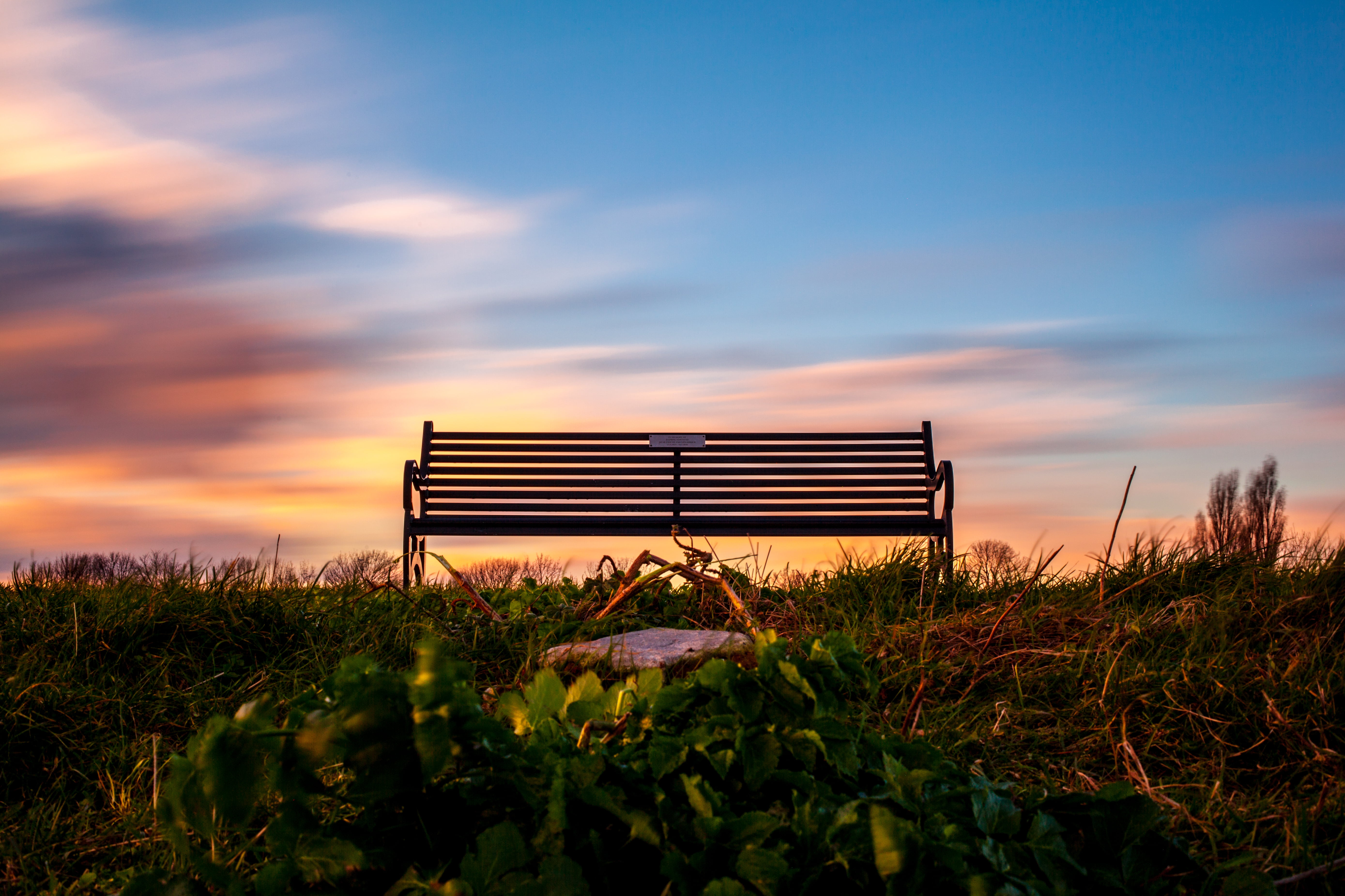 long exposure, 5K, Colours, bench, nature, surrounded, clouds, no People, outdoors, setting sun, sunset, shot, metal, hill, essex, black metal, grass, HD Wallpaper