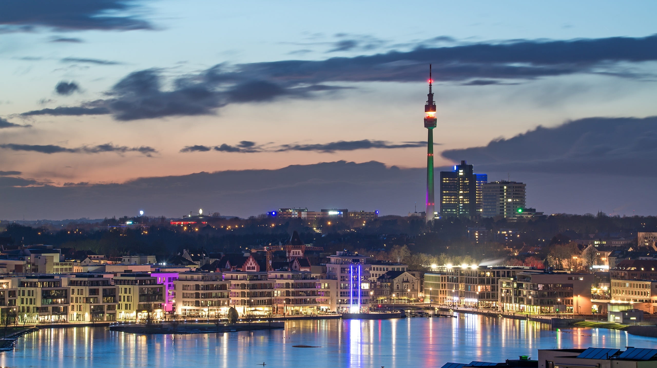 cloud - sky, city, water, tower, florian sturm, financial district, cityscape, sky, modern, illuminated, skyscraper, architecture, dortmund, nature, body, HD Wallpaper