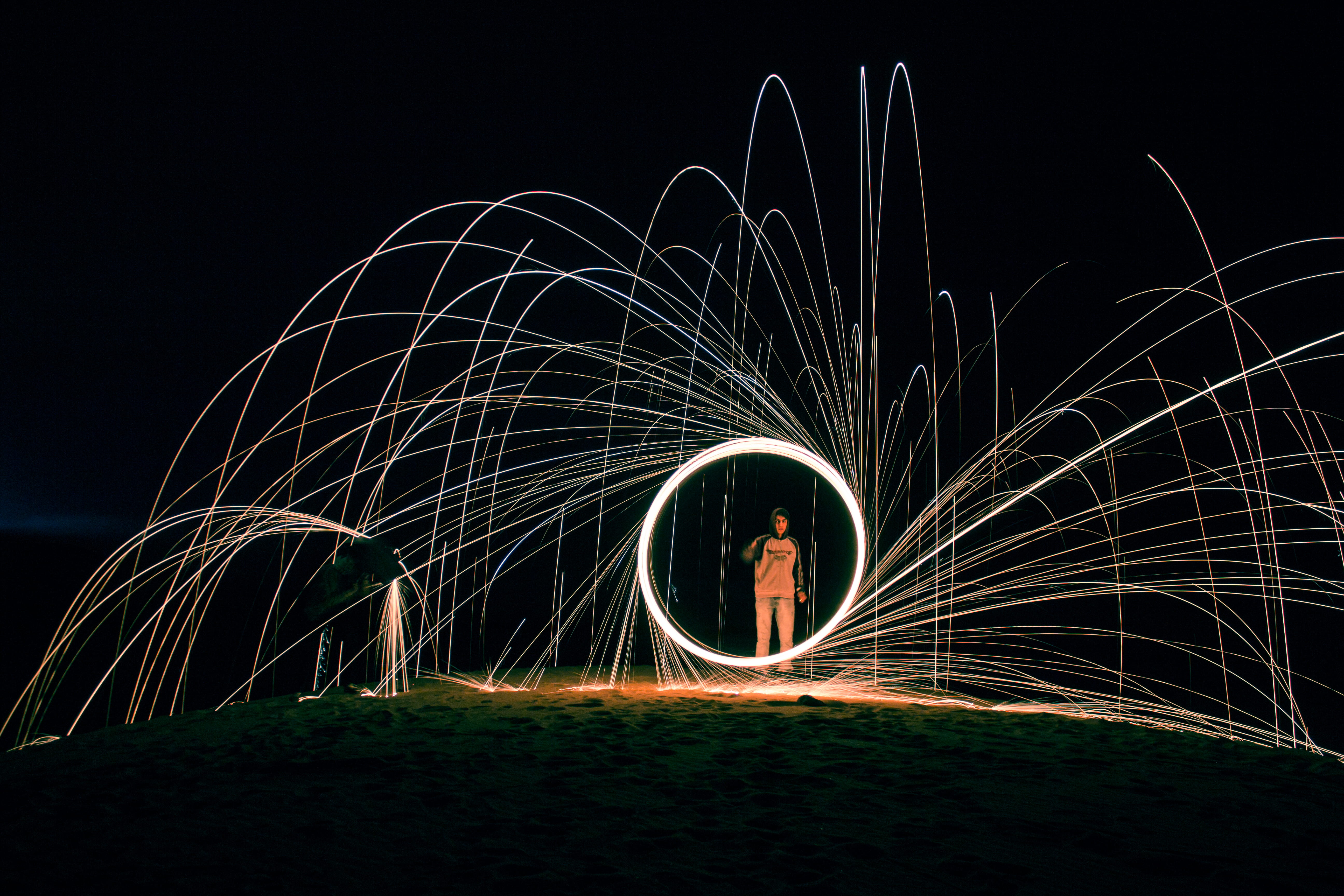 sky, wire wool, nature, light painting, photo, men, creativity, spinning, dancing, sparks, illuminated, glowing, motion, fire, photography, light trail, HD Wallpaper