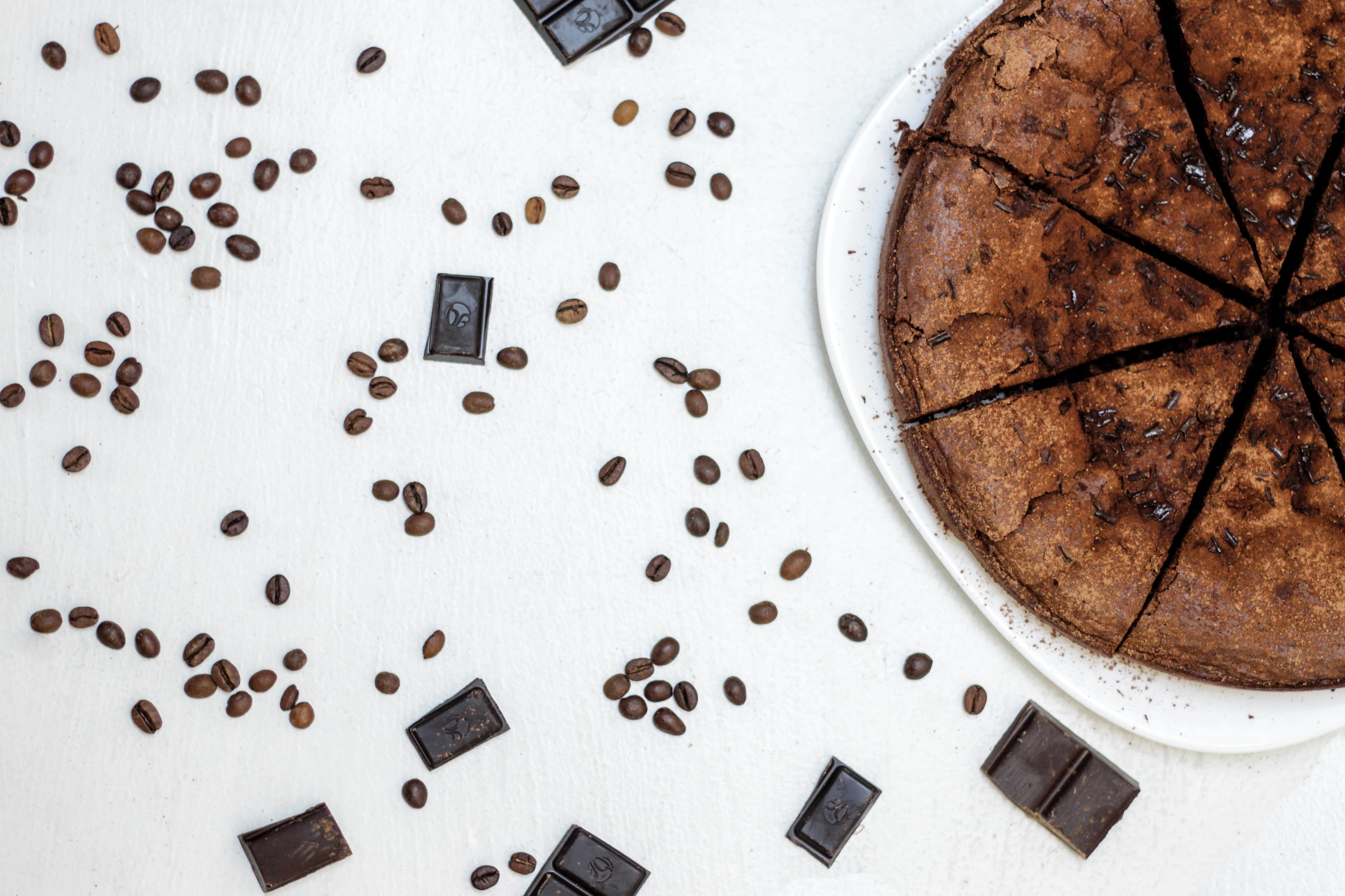 cake, sweet food, indoors, cake, table, high angle view, chocolate cake, white, beans, geometric shape, sweet, brown, unhealthy eating, food, 4K, no people, HD Wallpaper