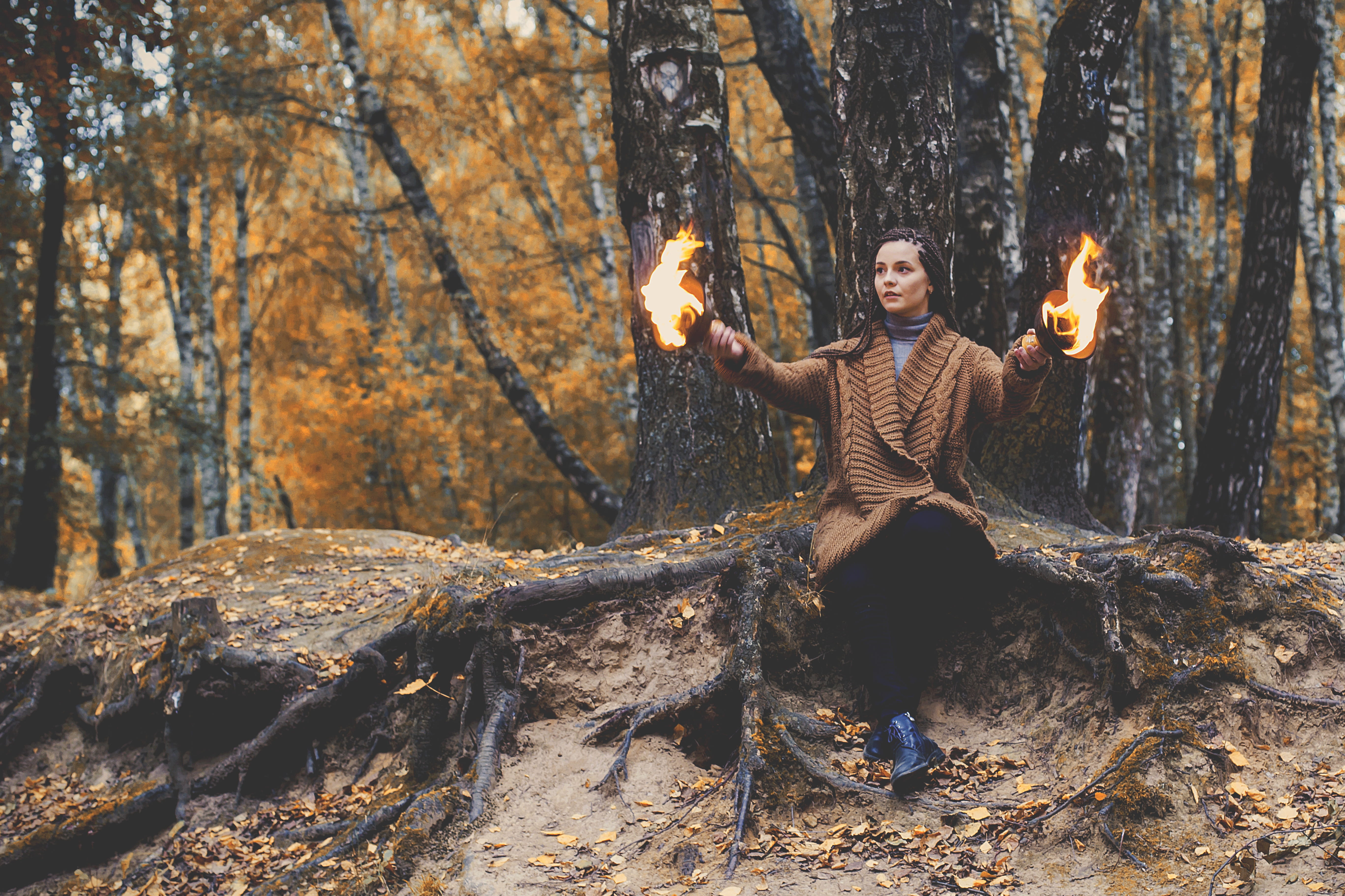 log, adult, playing, sitting, young women, witch, lifestyles, plant, twilight, 5K, plant part, mystic, leisure activity, gothic, bark, shaman, autumn, HD Wallpaper
