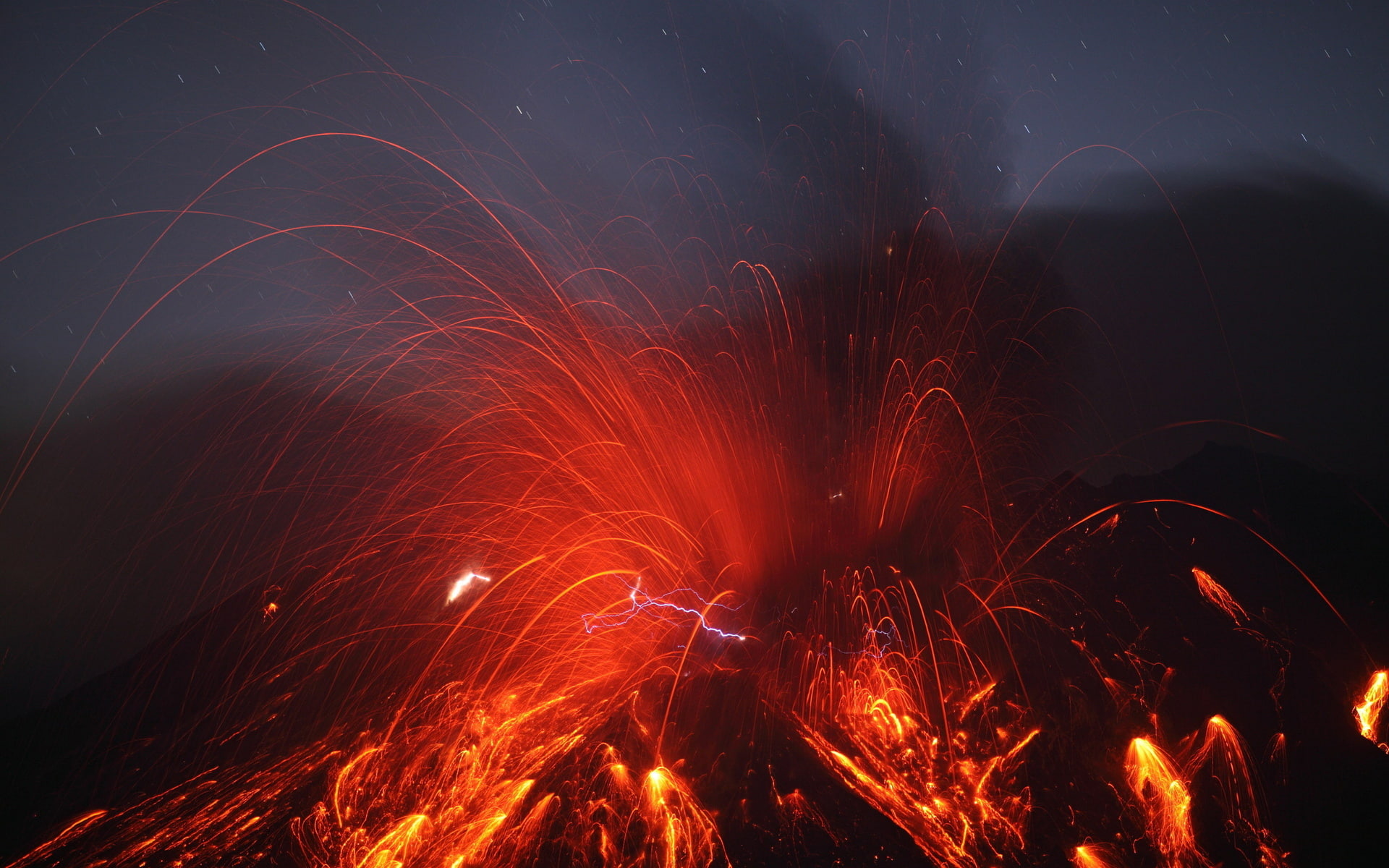sky, flames, heat, volcano, landscapes, 1080P, bright, lava, color, molten, nature, smoke, hot, fire, steam, mountains, HD Wallpaper
