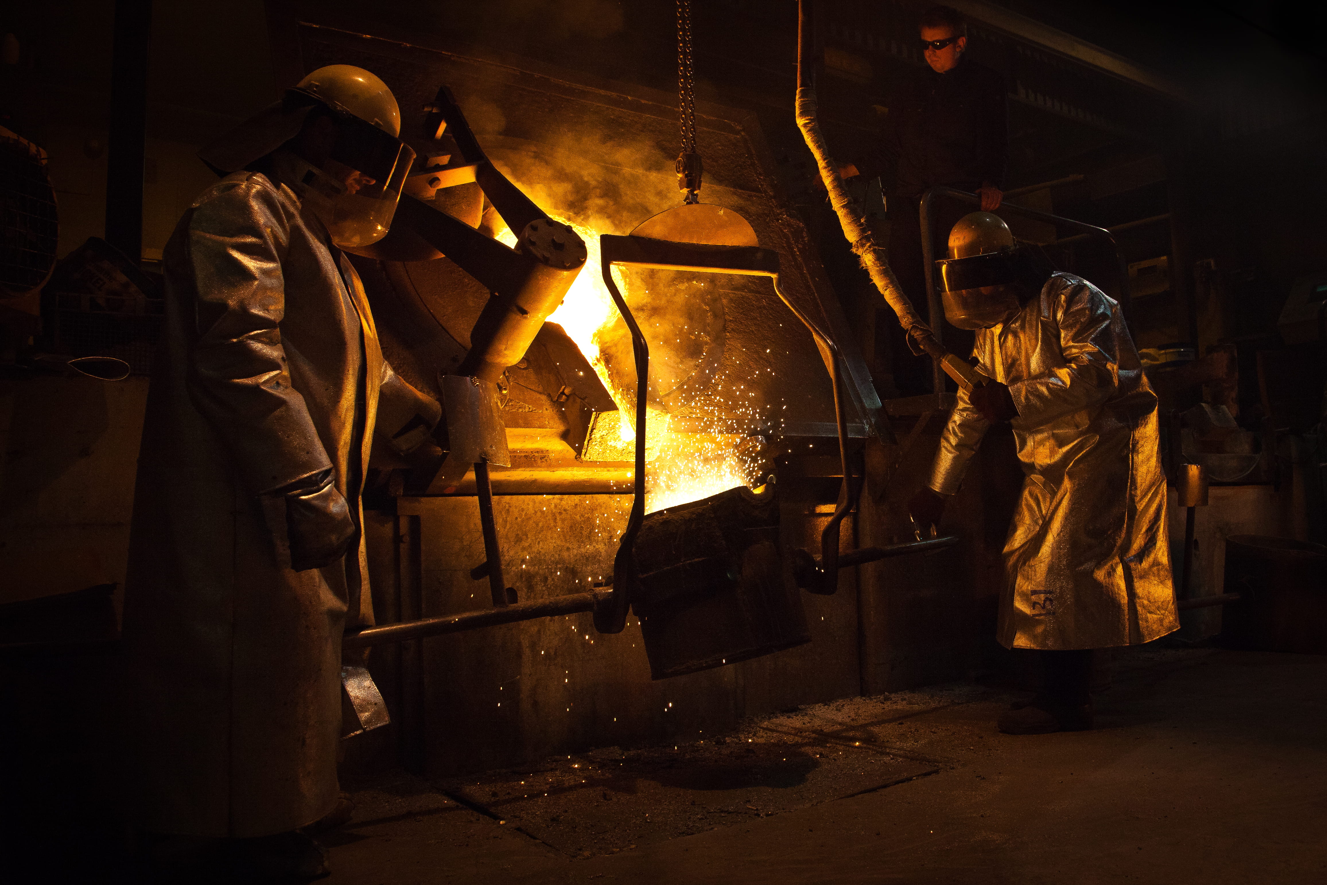 standing, metal, security, person, fire, holding, illustration, foundry, two, working, indoors, 4K, container, protective workwear, occupational safety and health, HD Wallpaper